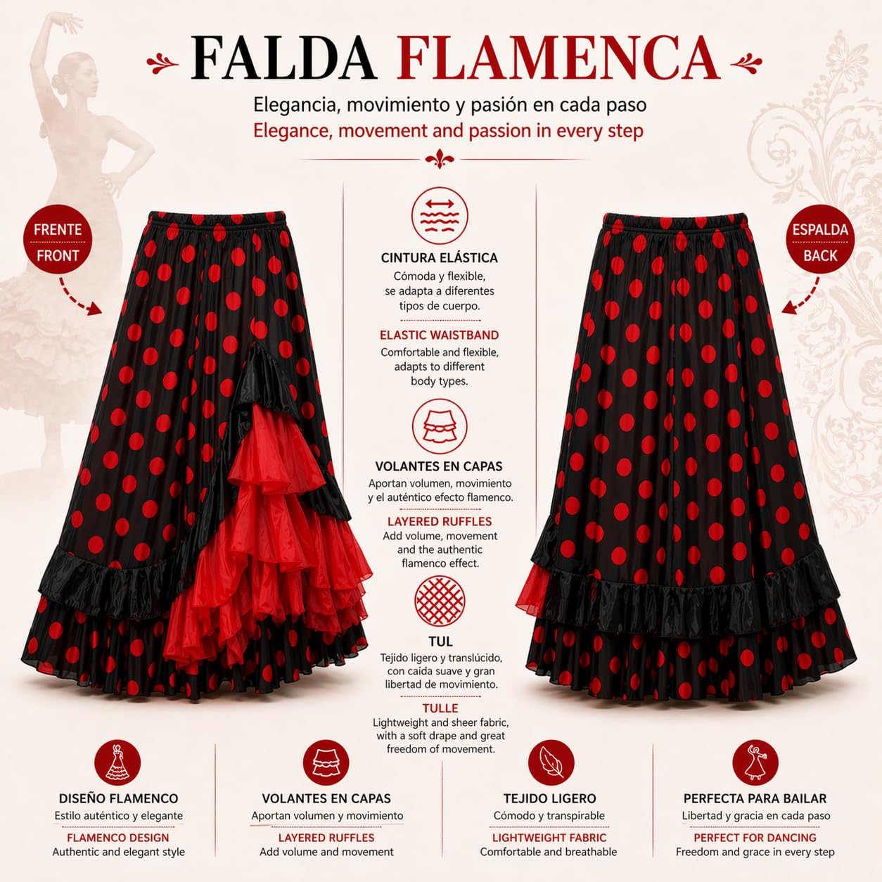 Carnavalife Falda Flamenca Baile sevillanas, Falda de Baile Flamenco, Volantes en Capas diseño asimétrico, Traje Feria, romería, espectáculo