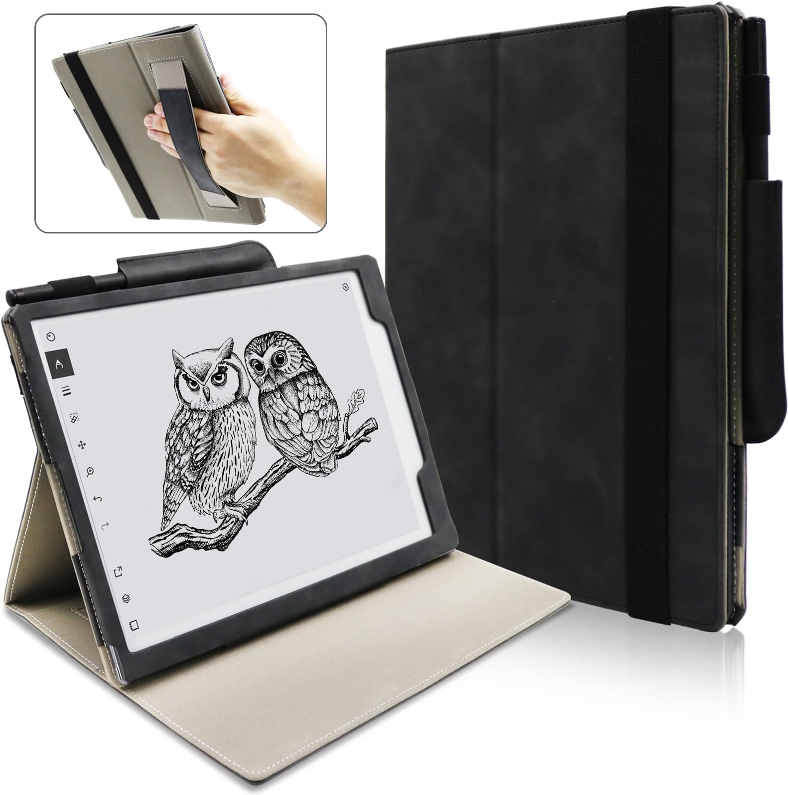 Leather Case for Remarkable 2 10.3 inch Digital Paper (2020 Released), Skin Feeling Lightweight Book Folios Cover for Tablet with Pen Holder/Hand Strap/Elastic Strap/Multi-Viewing Angles (Black)