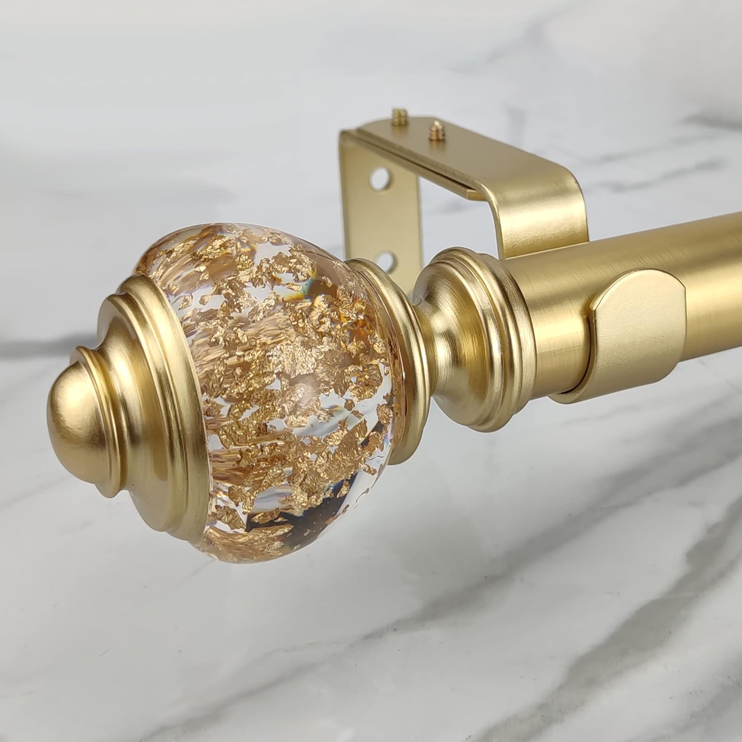 Single Curtain Rod Set:1-1/8 inch Diameter Adjustable Gold Curtain Rods with Clear Gold Foiled Finial,36-72 inch,Standard Single Drapery Rod for 1 Pack 36-72'' Gold