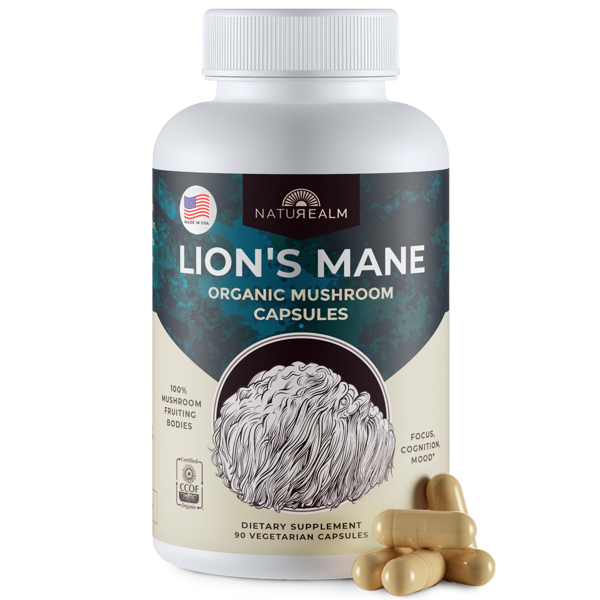 Lion’s Mane Mushroom Capsules Brain Supplement (30 Day Supply) | Supports Brain Health, Focus & Memory | Organic, Premium 100% Fruiting Body Extract
