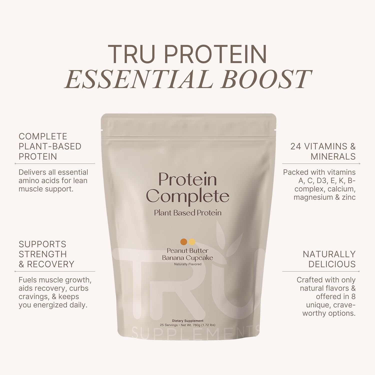 TRU Plant Based Protein Powder, BCAA, EAA, 20g Vegan Brown Rice & Pea Protein, 100 Calories, 27 Vitamins, No Artificial Flavors 25 Servings (Peanut Butter Banana Cupcake)