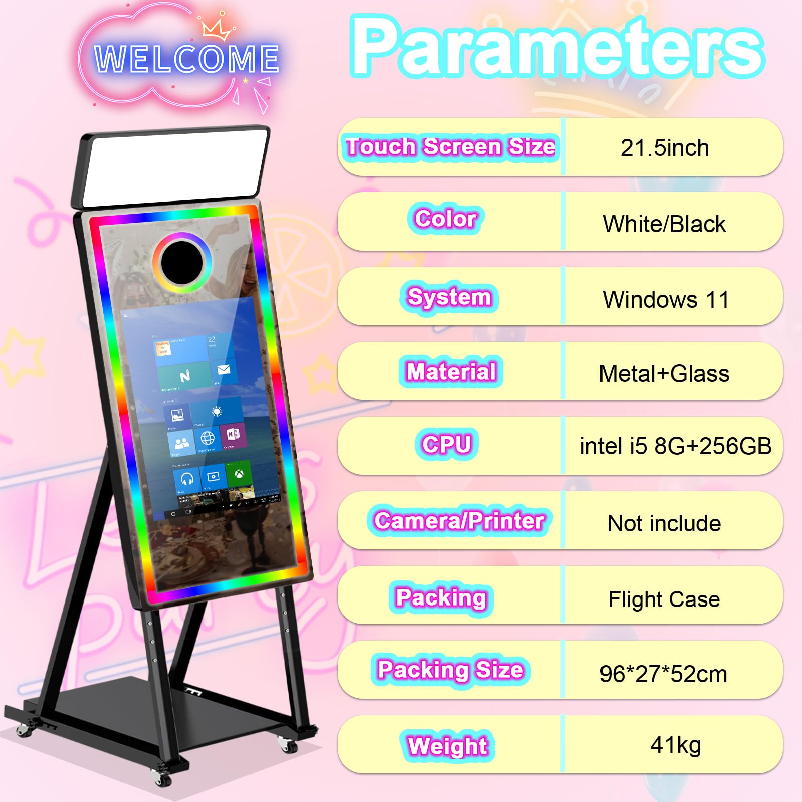 Macchina fotografica a specchio da 101,6 cm con touch screen interattivo da 21,5", con custodia da viaggio, mini PC integrato con stampa istantanea e condivisione per Natale, matrimoni, eventi, feste