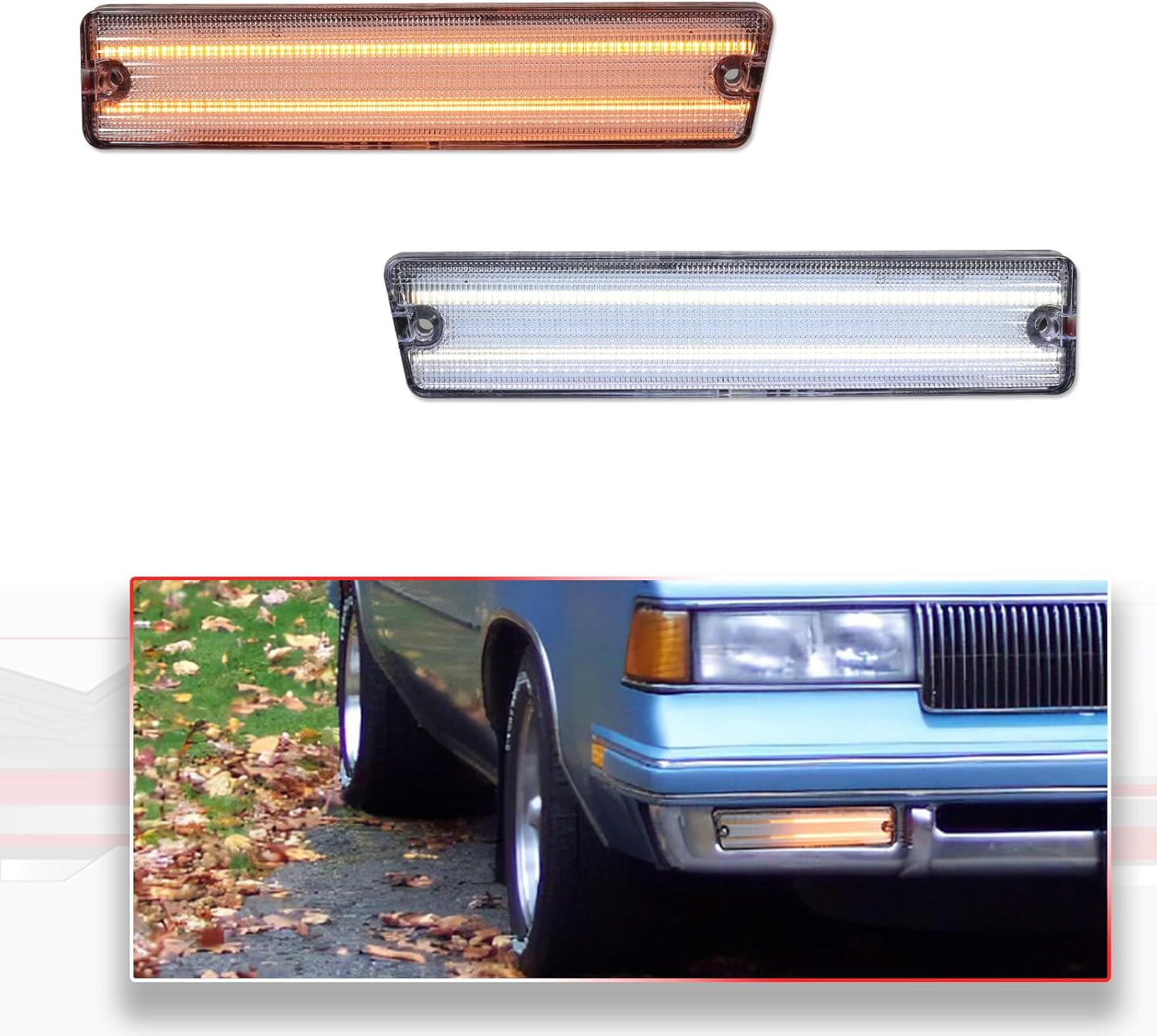 2PCS Clear Lens Switchback LED DRL Turn Signal Lights Front Bumper Lamps For 81-88 Oldsmobile Cutlass Supreme Replacement OE/OEM 22511039, 22511038