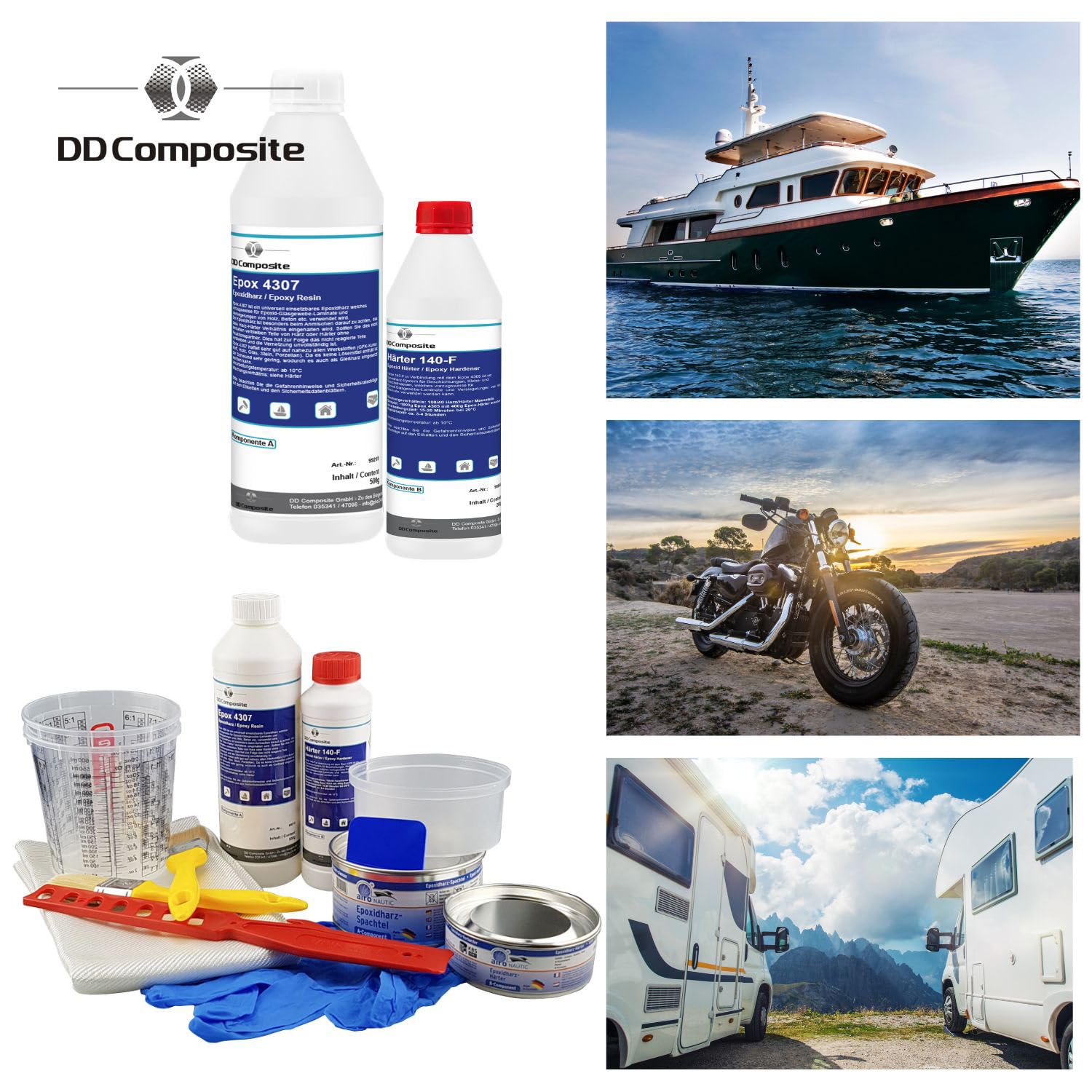 DD Composite Reparatur-Set Auto, Boot und Motorrad 700g Epoxidharz mit Härter, 600g Spachtelmasse, Glasfilamentgewebe, Handschuhe, Pinsel, Rührstab, Mischbecher