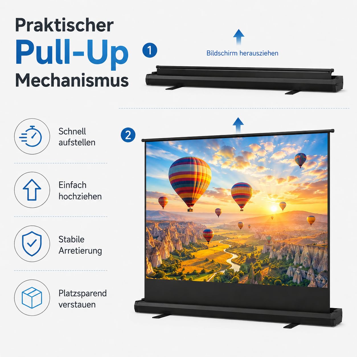 Tragbare Non-Tension ALR Leinwand Beamer 100 Zoll Format 16:9,Hochziehbare Pull-Up Beamer Leinwand mit Ständer,Ideal für Heimkino, Innen-/Außenfilme