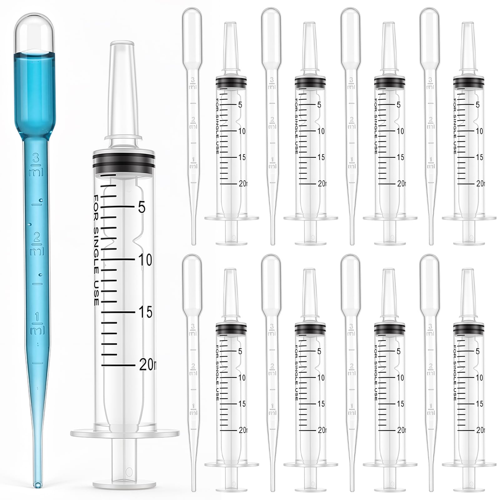 TrelaCo 8 Pack 20ml Syringes Without Needle with Caps, Plus 8 Pack 3ml Plastic Transfer Droppers Pipettes, Liquid Measuring Dispenser for Pet Feeding Oral Colostrum Student Lab Medicine DIY