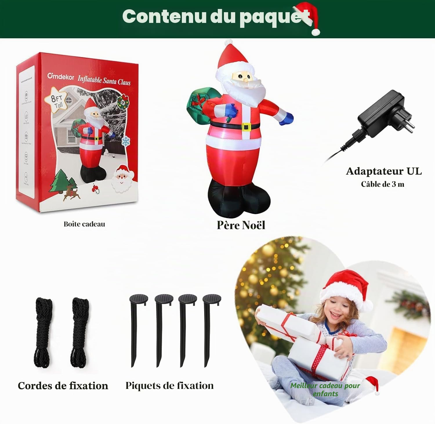Père Noël Gonflable 245cm avec Lumière LED, Résistant aux Intempéries IP44, Figurine Géante avec Sac Cadeau, Décoration d'Éclairage Extérieur pour Jardin, Pelouse, Cour