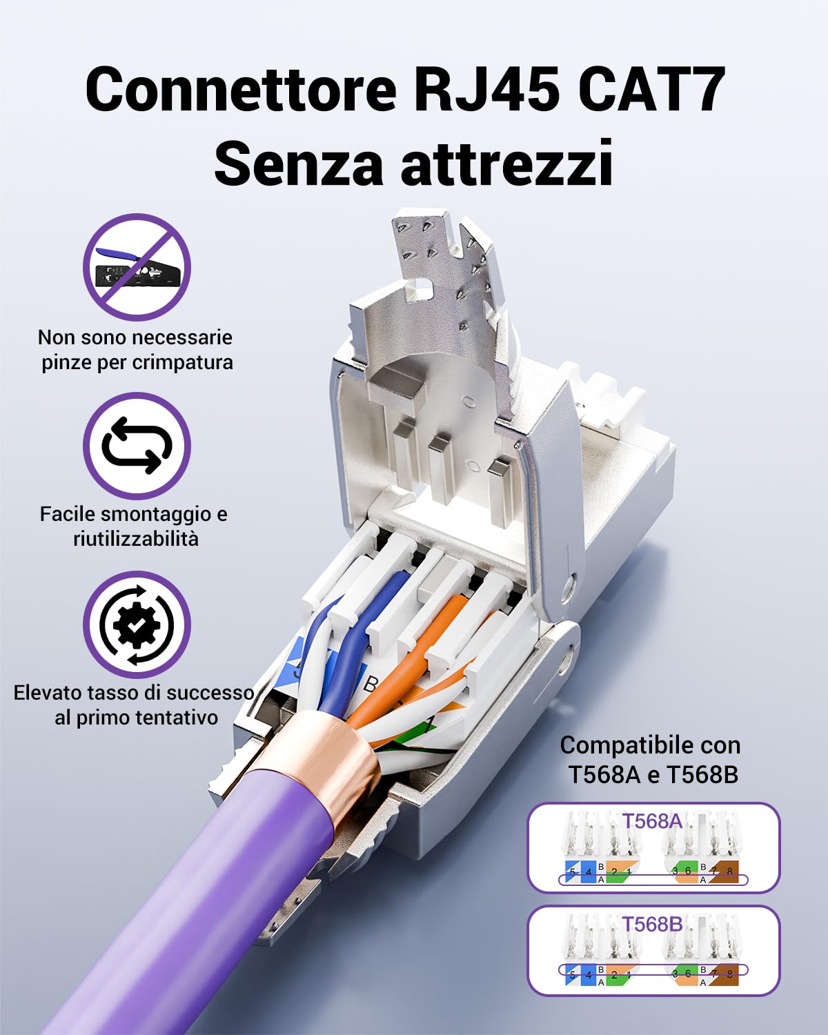 VCELINK Connettori RJ45 Cat7 Cat6A Connettore di Rete Senza Attre, 12 Pezzi | Connettore RJ45 Cat7 Cat6A senza attrezzi schermato, custodia metallo, supporto 10Gbps, compatibile cavi LAN installazione