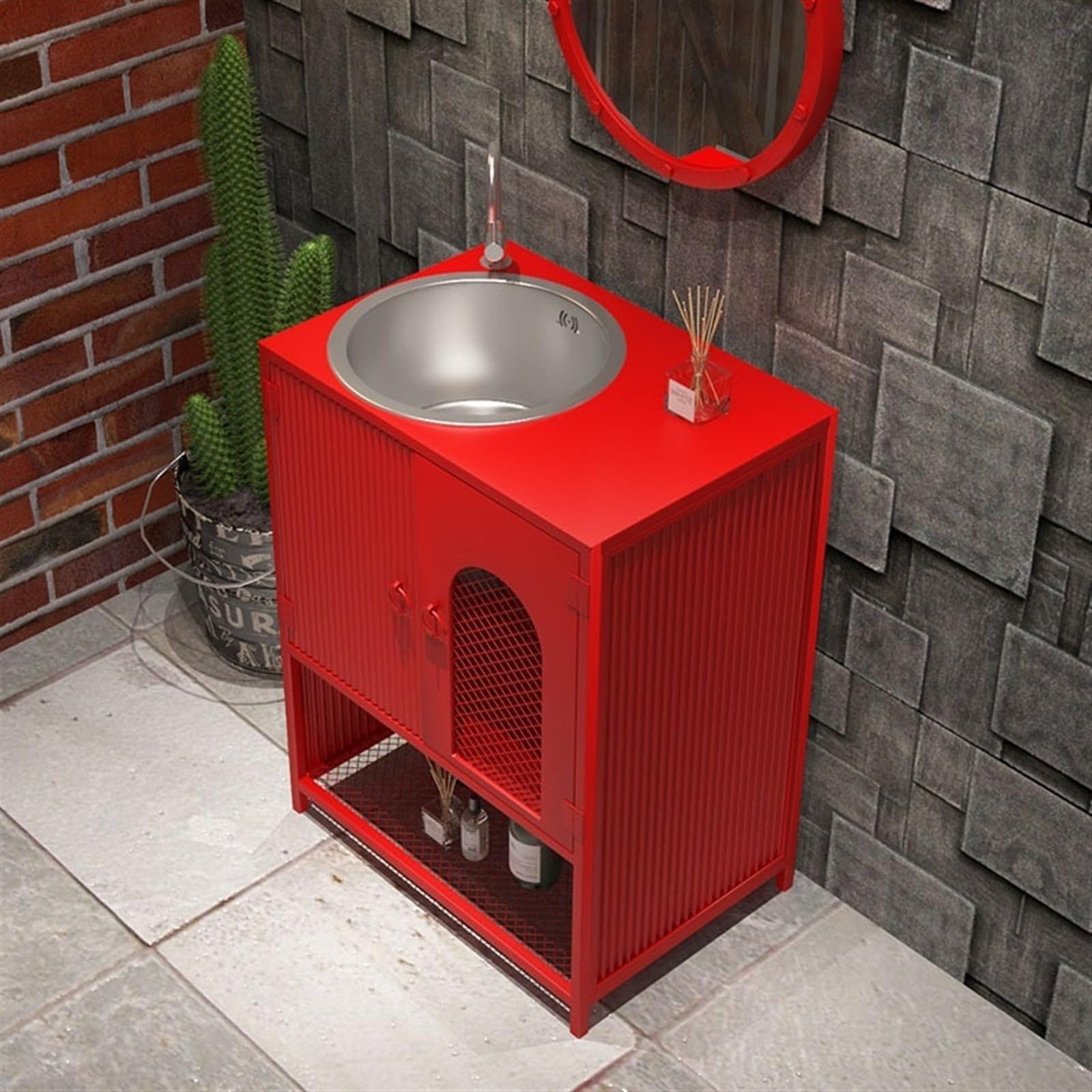 Lavabo del baño Mueble de baño con Lavabo Acero Inoxidable y Mueble Almacenamiento Estilo Industrial(Orange)