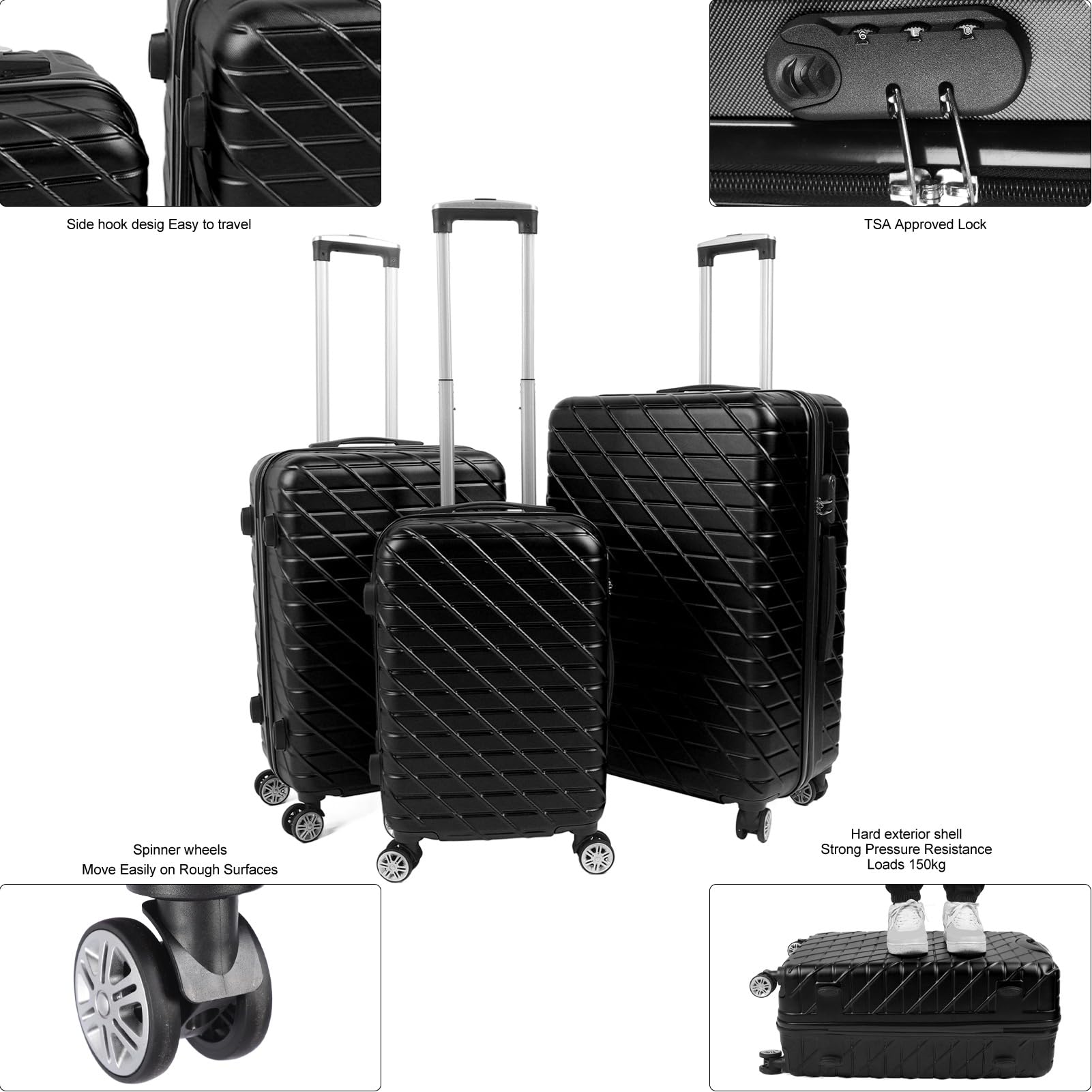 3-częściowy Zestaw Bagażu Hardshell z Zamkiem TSA, nośność 150 Kg na Długoterminowe Podróże i Wyjazdy Służbowe (BLACK)