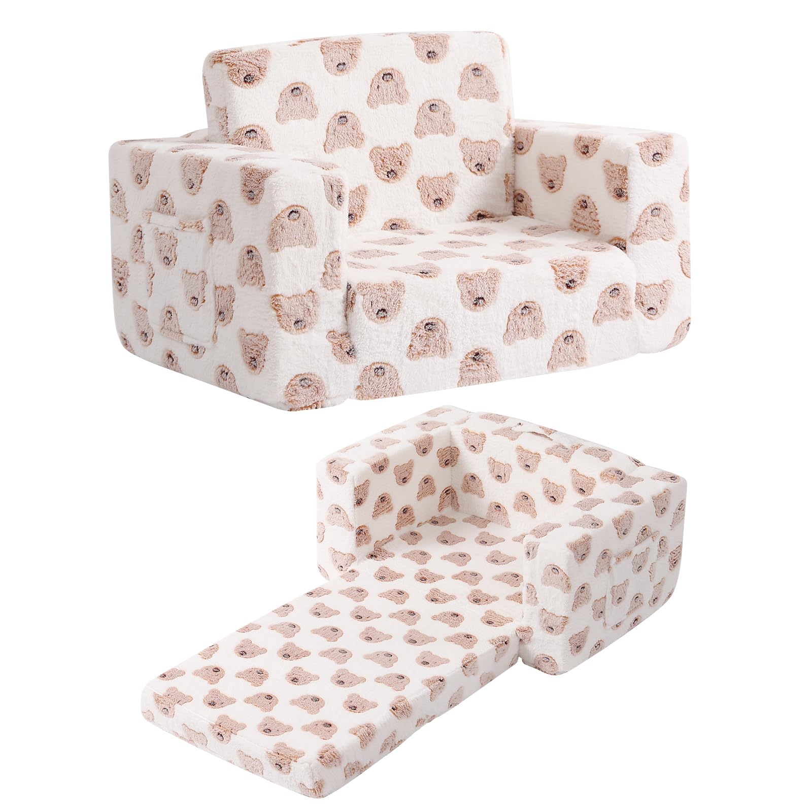 Kids Sofa Toddler Chair, Chirldren Couch with Side Pockets Glow in The Dark Kids Armchair with Removable and Washable Cover Carrying Handle Kid Read Sofa for Girl or Boy,Browm Bear