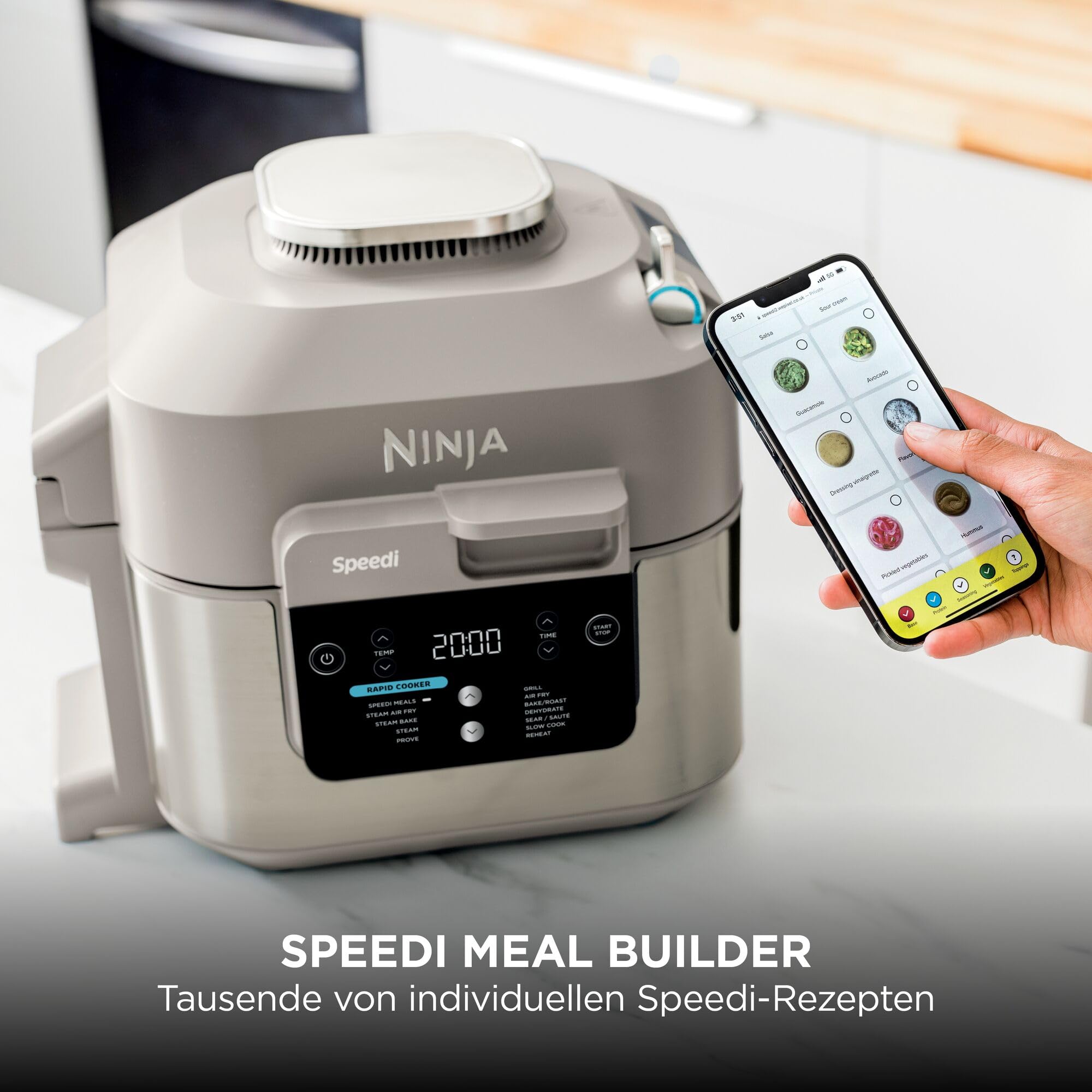 Ninja Speedi Multikocher, 5,7L, 12-in-1 Multicooker, Air fryer Heißluftfritteuse, Slow Cooker Langsamkochen, Grillen, Backen, Stone Gold ON500EUSTGD