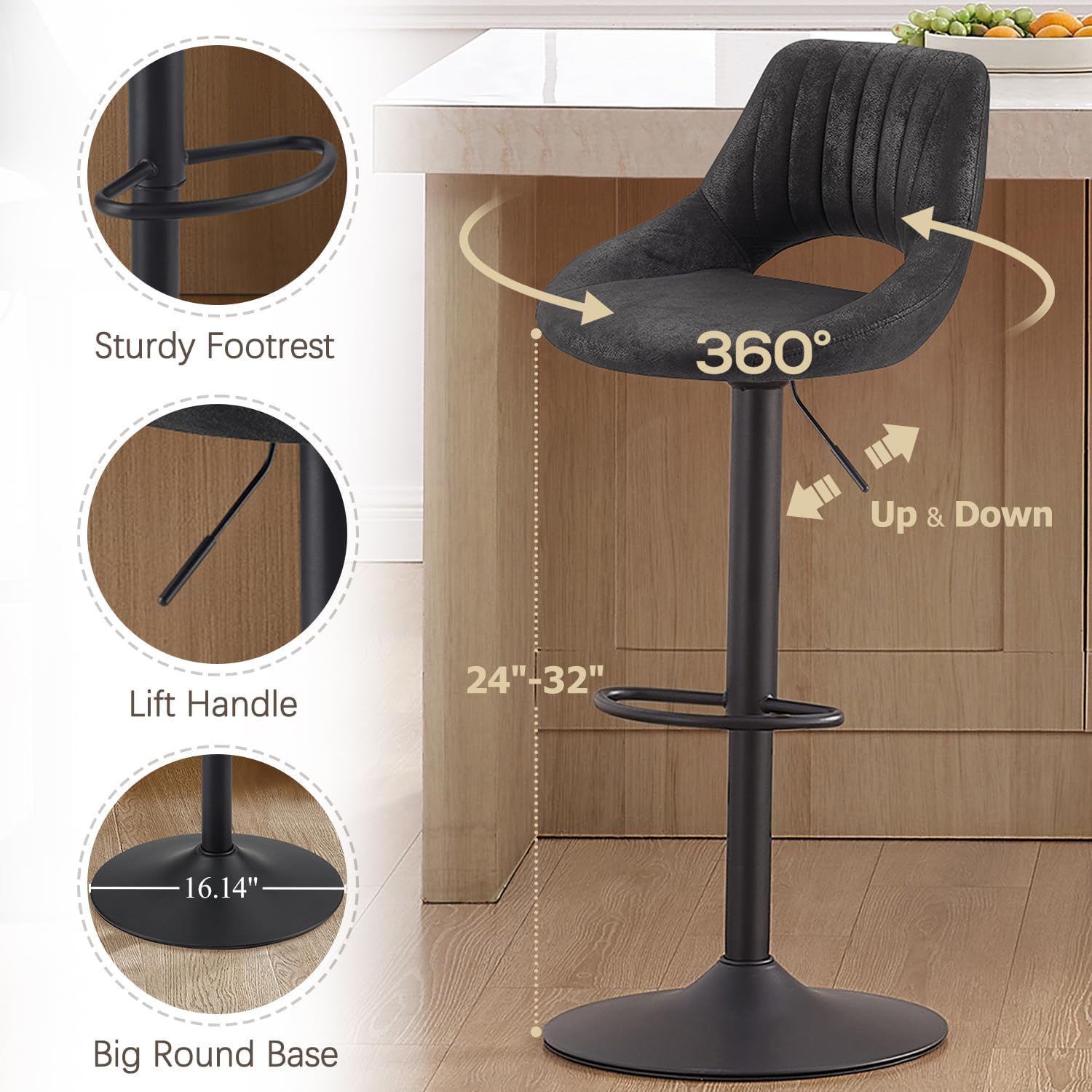 Zouron Swivel Bar Stools for Kitchen Counter Adjustable Counter Height Bar Chairs with Back Tall Barstools Vintage Faux Suede Upholstered Kitchen Island Stools, Set of 2, Black