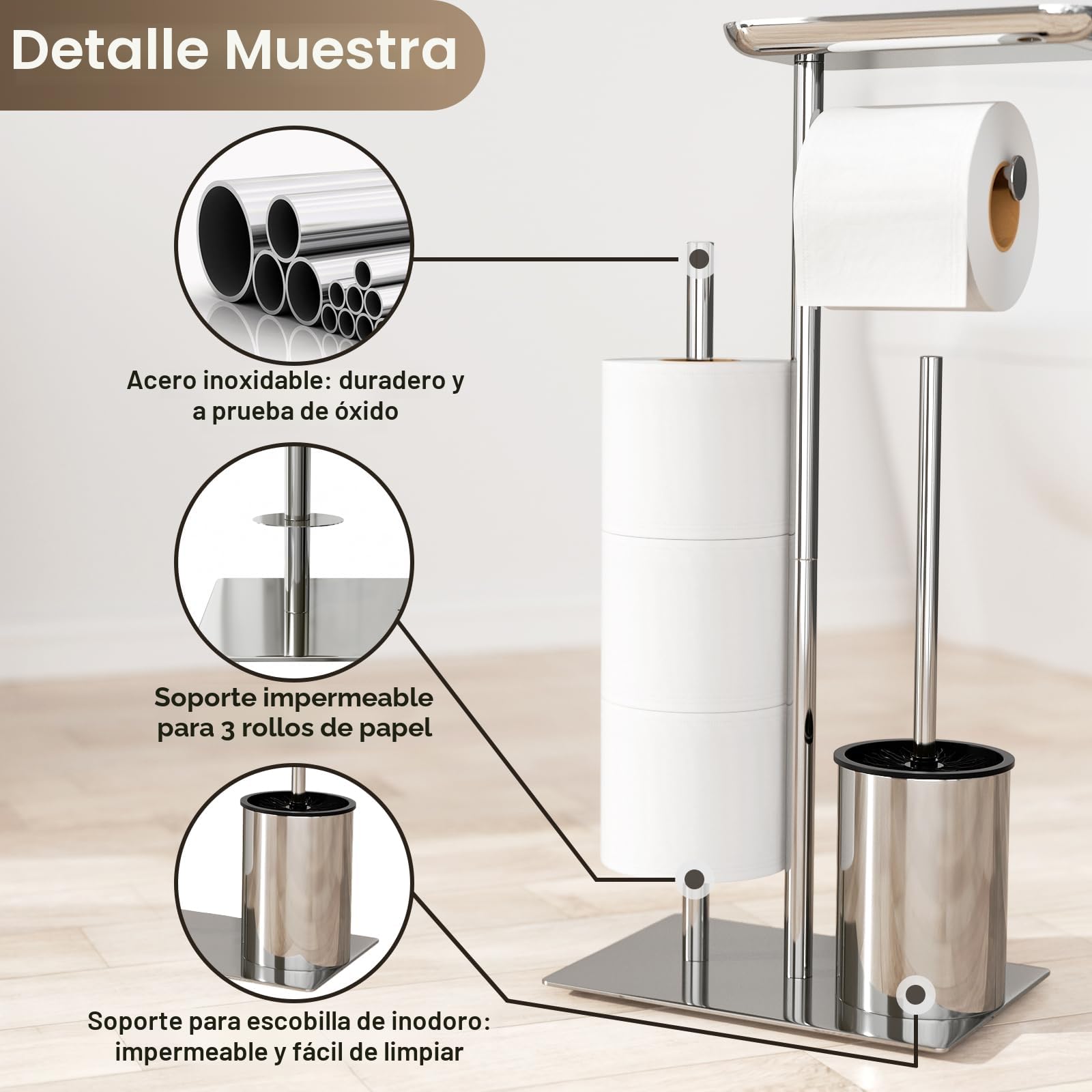 Portarrollos de papel higiénico de pie plateado con cepillo – Set WC con escobilla, bandeja y portarrollos