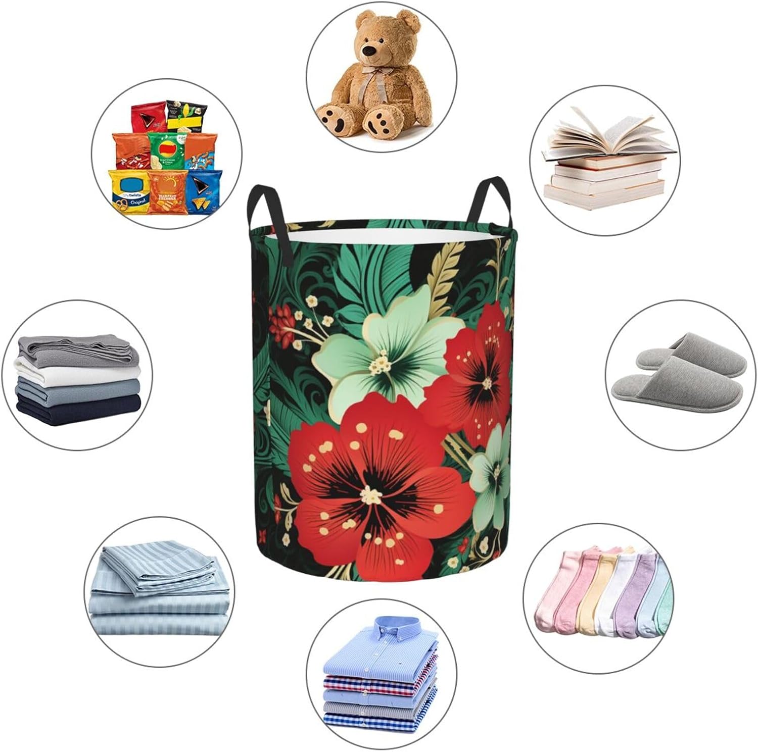 Green and red flowers Laundry Basket With Handles, Foldable Laundry Hamper Oxford Cloth Dirty Clothes Basket Waterproof Clothes Toys Storage Bin Organizer for Bedroom Bathroom Dorm