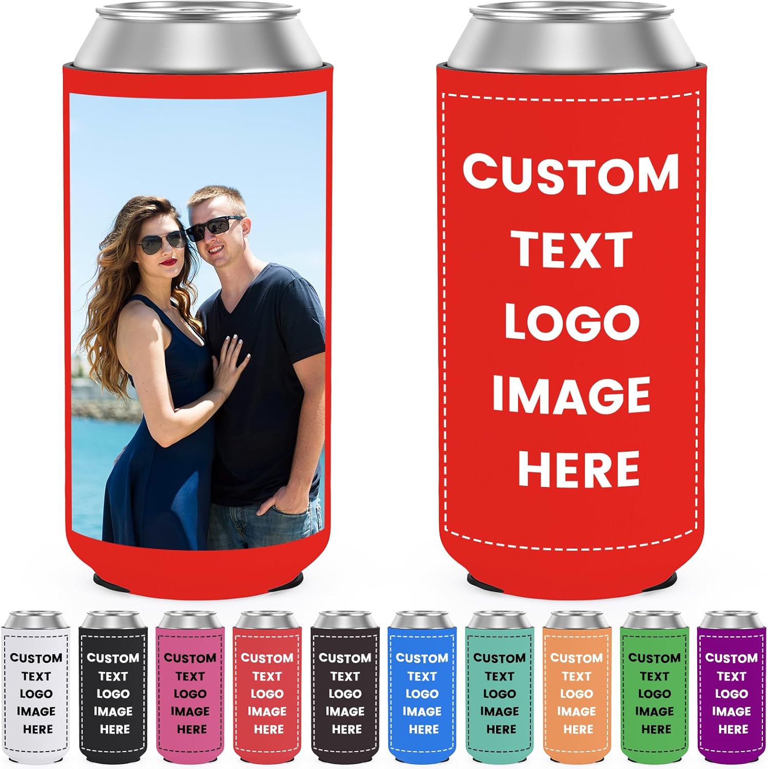 Custom Slim Can Cooler Sleeves 30 Pack, Bulk Personalized Insulated Neoprene Can Drink Holder with Logo Image Text for Wedding Birthday Party Beverages
