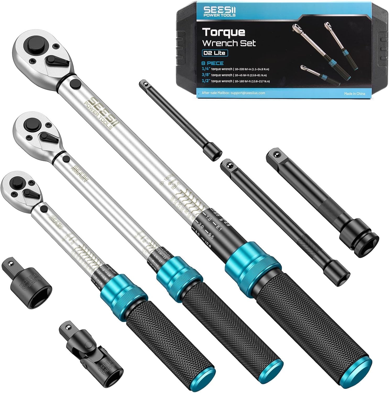 Seesii Torque Wrench Set: 1/4 3/8 1/2-inch Drive Click Torque Wrench, 10-160in.lb, 10-45ft.lb, 10-220ft.lb with Adapters, ±3% Accuracy, 72-Tooth Dual-Scale for Bike, Motor, Car Repair