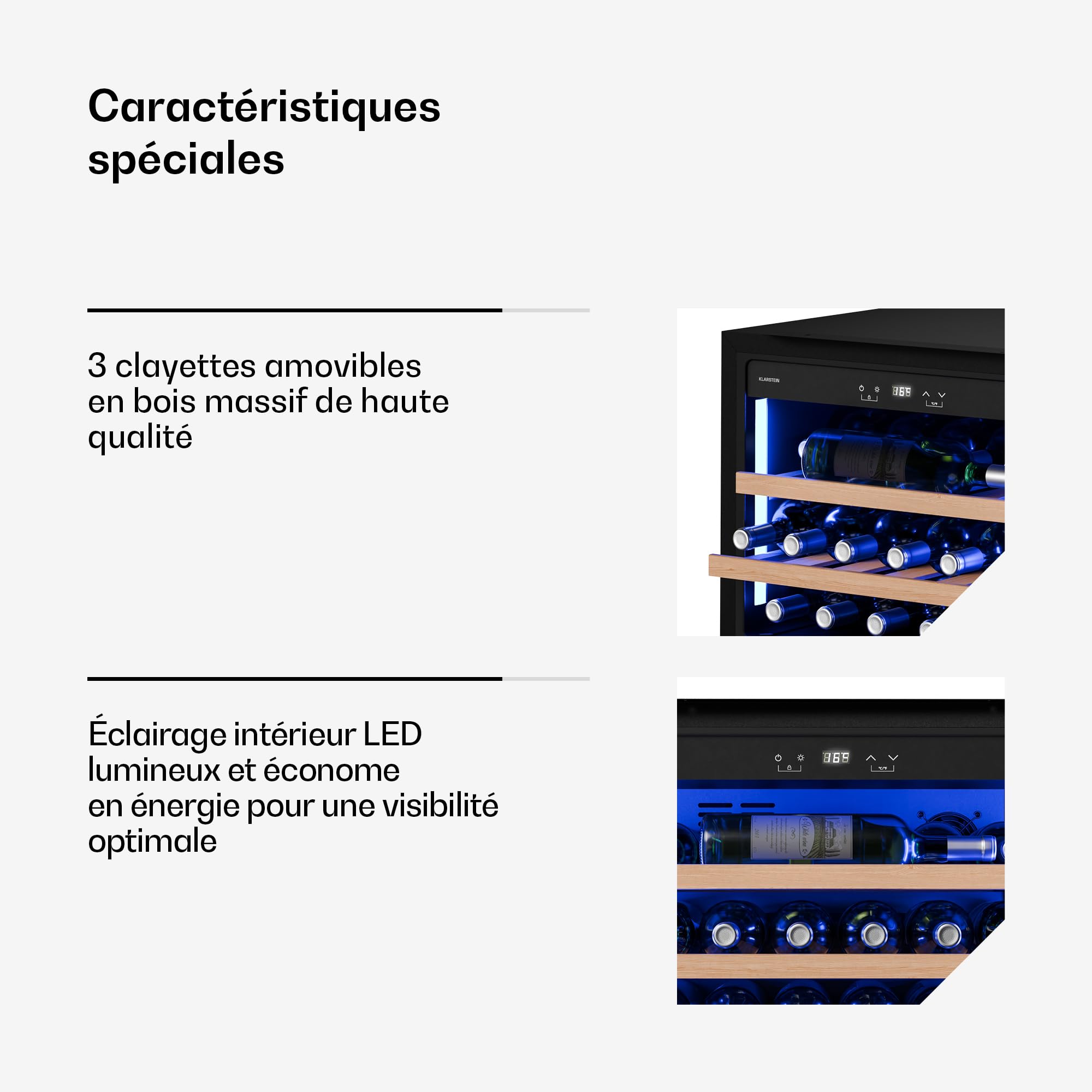 KLARSTEIN Illuminosa Cave à Vin Encastrable - 19 Bouteilles, 1 Zone, 5-20°C, LED, Porte UV, Silencieuse, Clayettes Bois, Frigo Vin, Contrôle Tactile