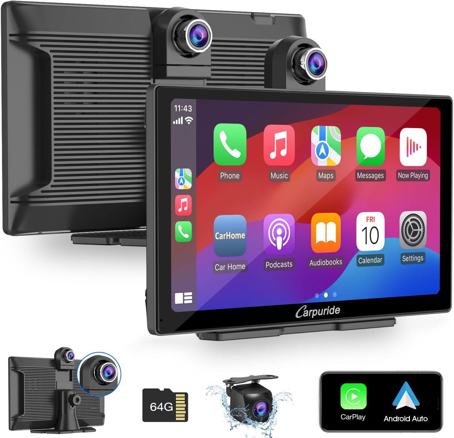 Carpuride W905 Car Screen with Dash Cam, Wireless Carplay & Android Auto, Portable 9" HD Touchscreen, 4K Front & Backup Camera, Loop Recording, Bluetooth, Mirror Link, GPS, Siri, FM/64G TF Card.