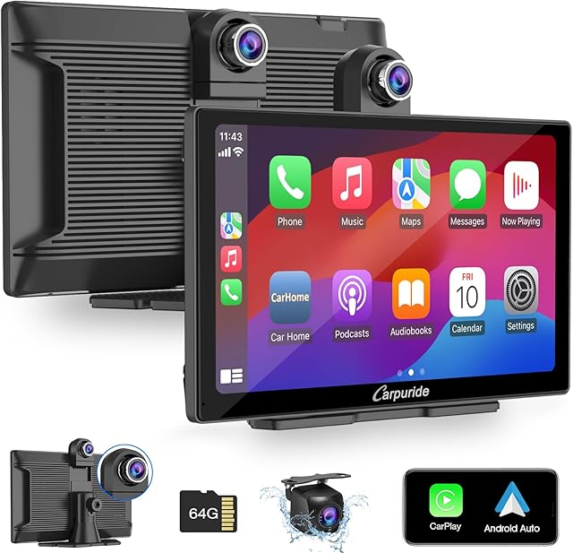 Carpuride W905 bezprzewodowe radio samochodowe Apple Carplay & Android z kamerą na deskę rozdzielczą, przenośny ekran dotykowy HD 9", 4K przód i kamera cofania, nagrywanie w pętli, Bluetooth, Mirror