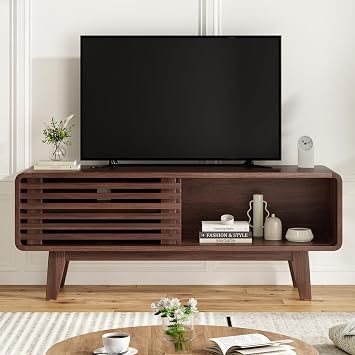 46 TV Stand for TV Up to 59 Inch, Mid Century Modern Entertainment Center with Storage Cabinet and Sliding Door, Farmhouse Wood TV Consoles Table for Living Room, Bedroom Walnut