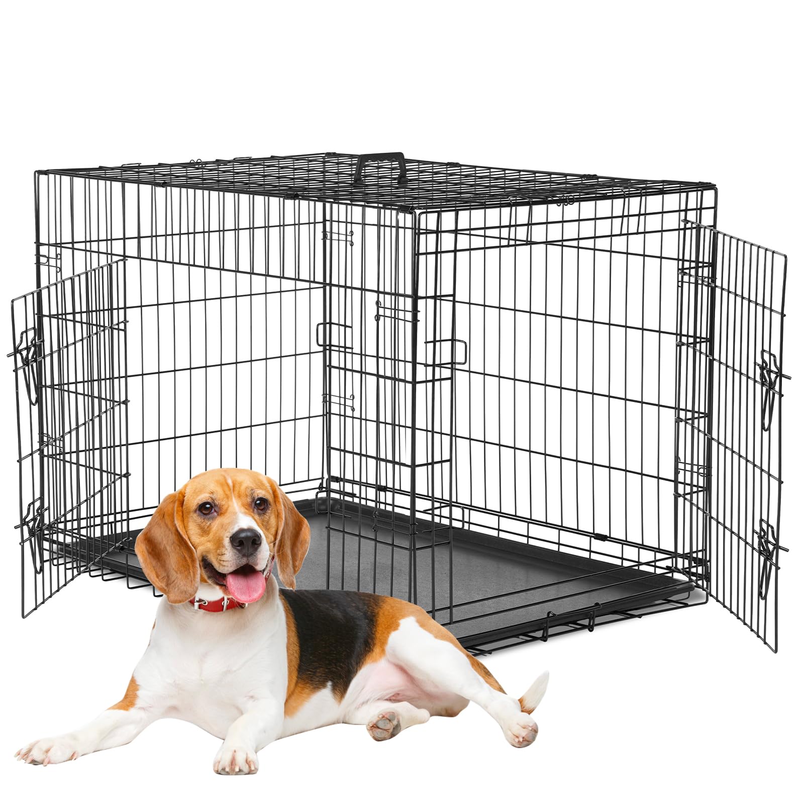 Crate for Dogs Double Doors,Medium Foldable Pet Cage Enhanced Wire Metal Kennel with Divider Panel & Removable Tray,Portable Handle Move to Indoor/Outdoor,36.6 x 22.6 x 24.2 Inch Black