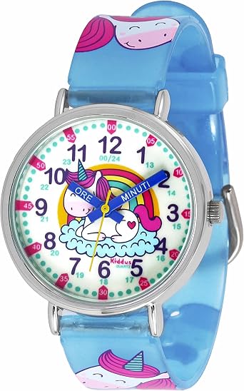 KIDDUS Orologio Educativo per Bambini. Da Polso, Analogico. Con Esercizi  per Imparare a Leggere l'Ora. Facilità di Lettura dell'Ora. Unicorno.  Maniglie scritte. Fluorescente : Amazon.it: Orologi