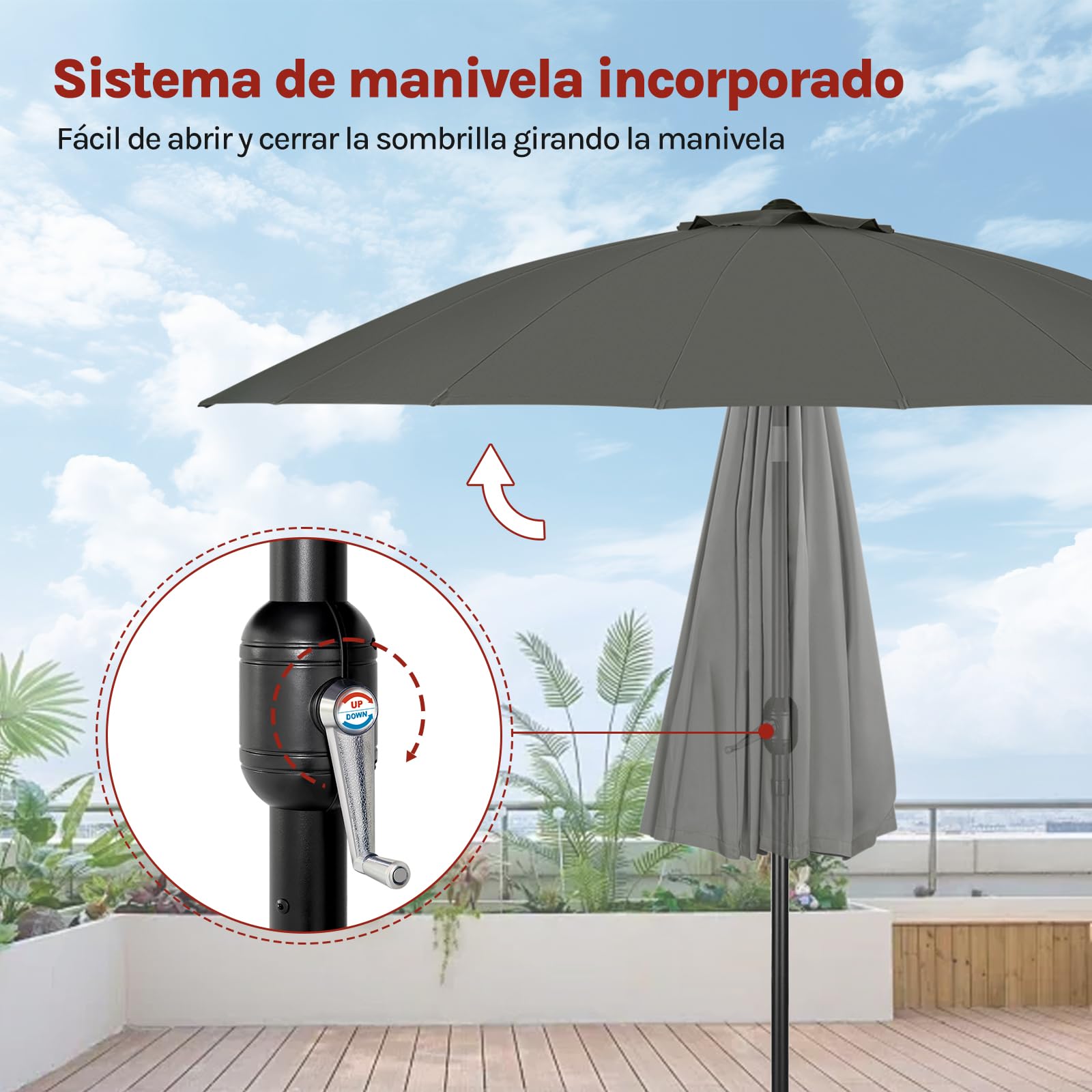 WOLTU Sombrilla de Jardín Grande, Ø257/273 cm, Sombrilla Playa con Manivela, Parasol de Exteriores con 18 Varillas Resistentes, Cortavientos, para Terraza, Patio, Piscina, Gris Oscuro