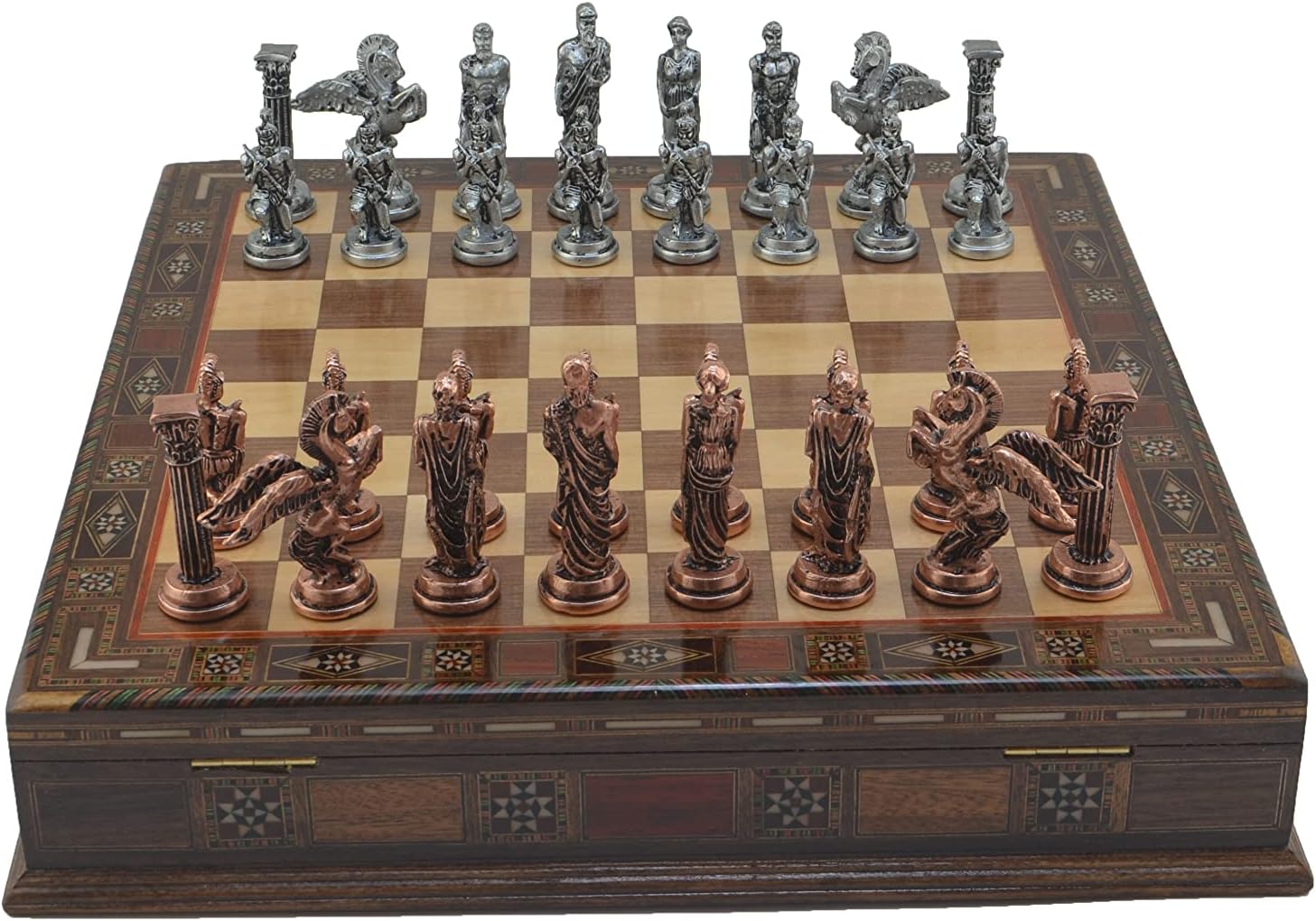 Medium Mythologic Pegasus Metal Chess Set for Adults,Handmade Pieces and Natural Solid Wooden Chess Board with Drawers Storage Inside (Antique Copper)