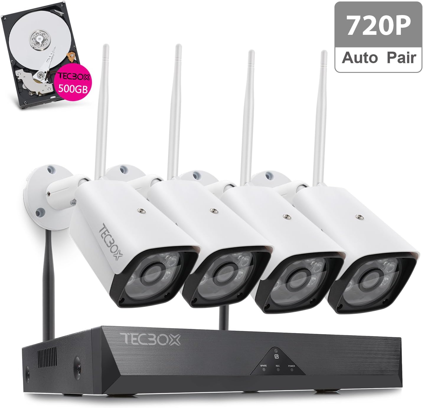 TECBOX 4CH Wireless Security Camera System 720P HDMI NVR with 500GB Hard Drive, 4 x 720P HD Indoor/Outdoor Wireless Cameras Night Vision No Video Cable WiFi Security Camera