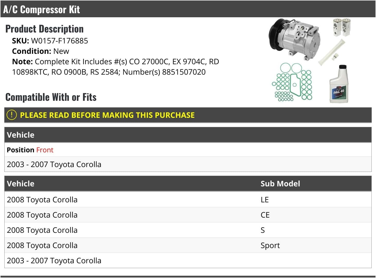 A/C Compressor Kit - Compatible with 2003-2008 Toyota Corolla