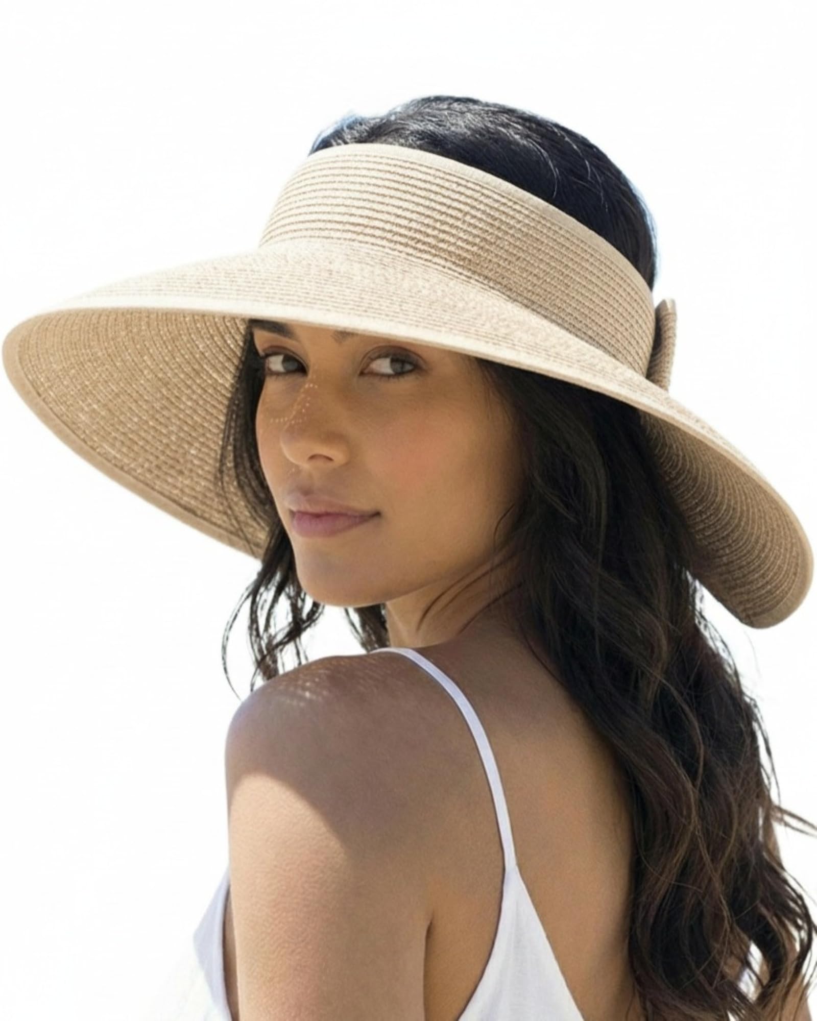 Wide Brim Straw Ponytail Sun Visor Hat, Foldable Packable Beach Visor with Foldable Straw Sun Visor: Wide Brim Beach Hat With Ponytail  main image 3