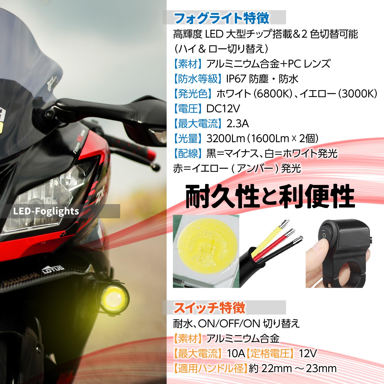 Amazon | PIENSE バイク フォグランプ LED 2個/スイッチ付き