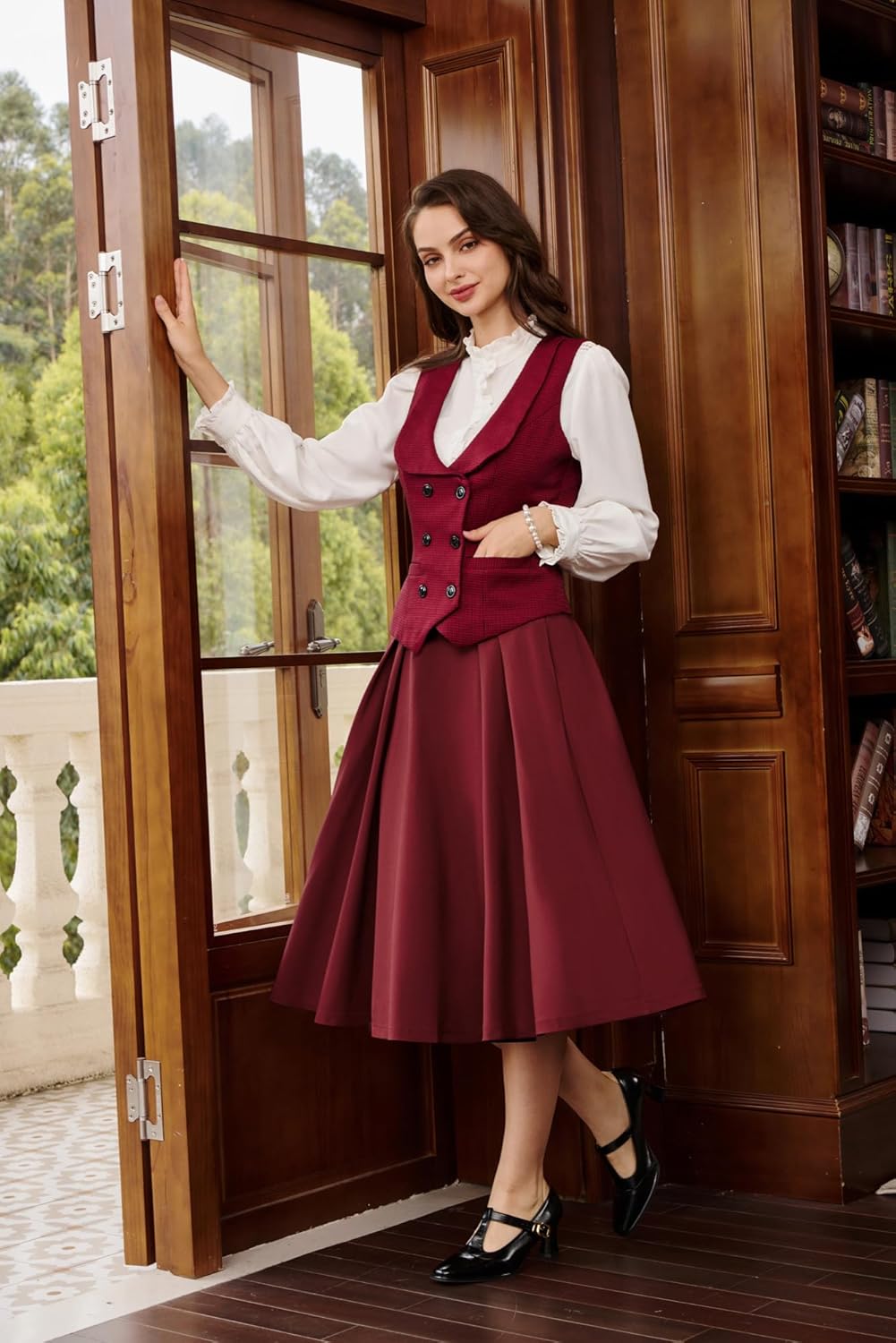 Belle Poque Women's Vintage High Waist Pleated Midi A-Line Skirt with Pockets - Image 2