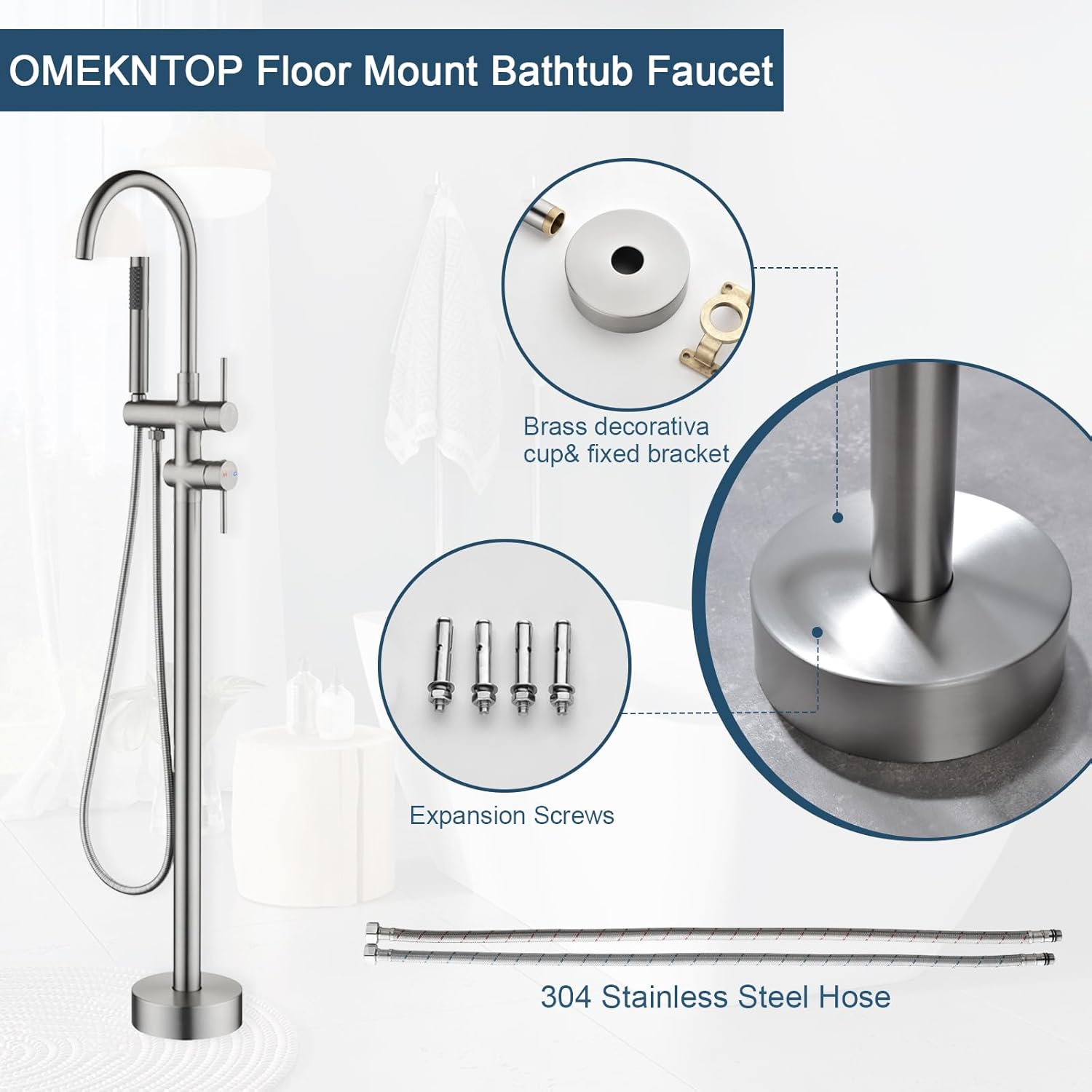 Freestanding Bathtub Faucet Floor Mount Tub Filler Brush Nickel, OMEKNTOP Modern Freestanding Tub Faucet with 360 Swivel Gooseneck Spout and Handheld Shower, Standing Tub Faucet for Bathroom