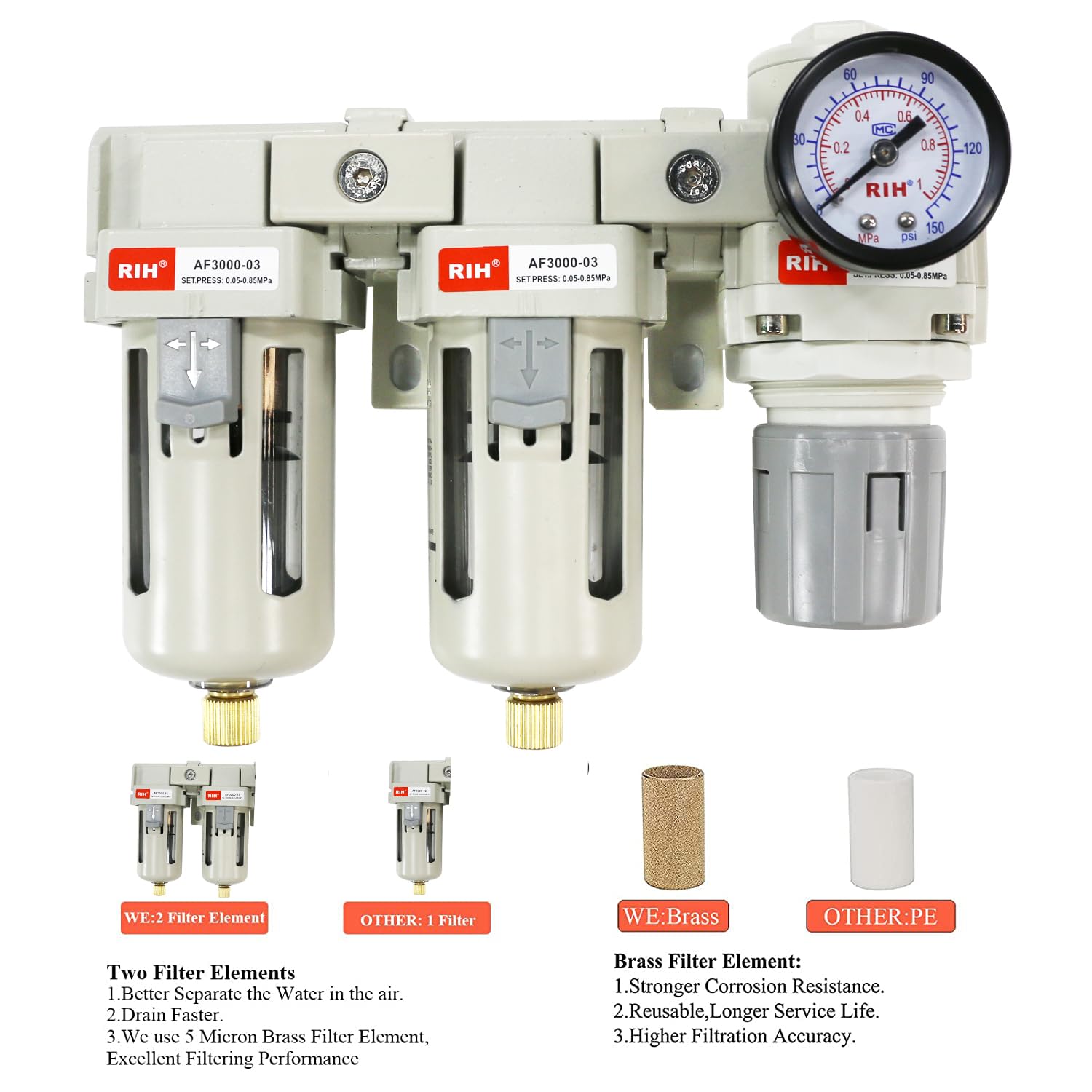 RIH Pneumatica aria compressa doppio filtro e regolatore, sistema di asciugatura dell'aria, separatore d'acqua compressore d'aria, scarico semi automatico, ciotola poli, 0-150 psi Gauge, elemento in