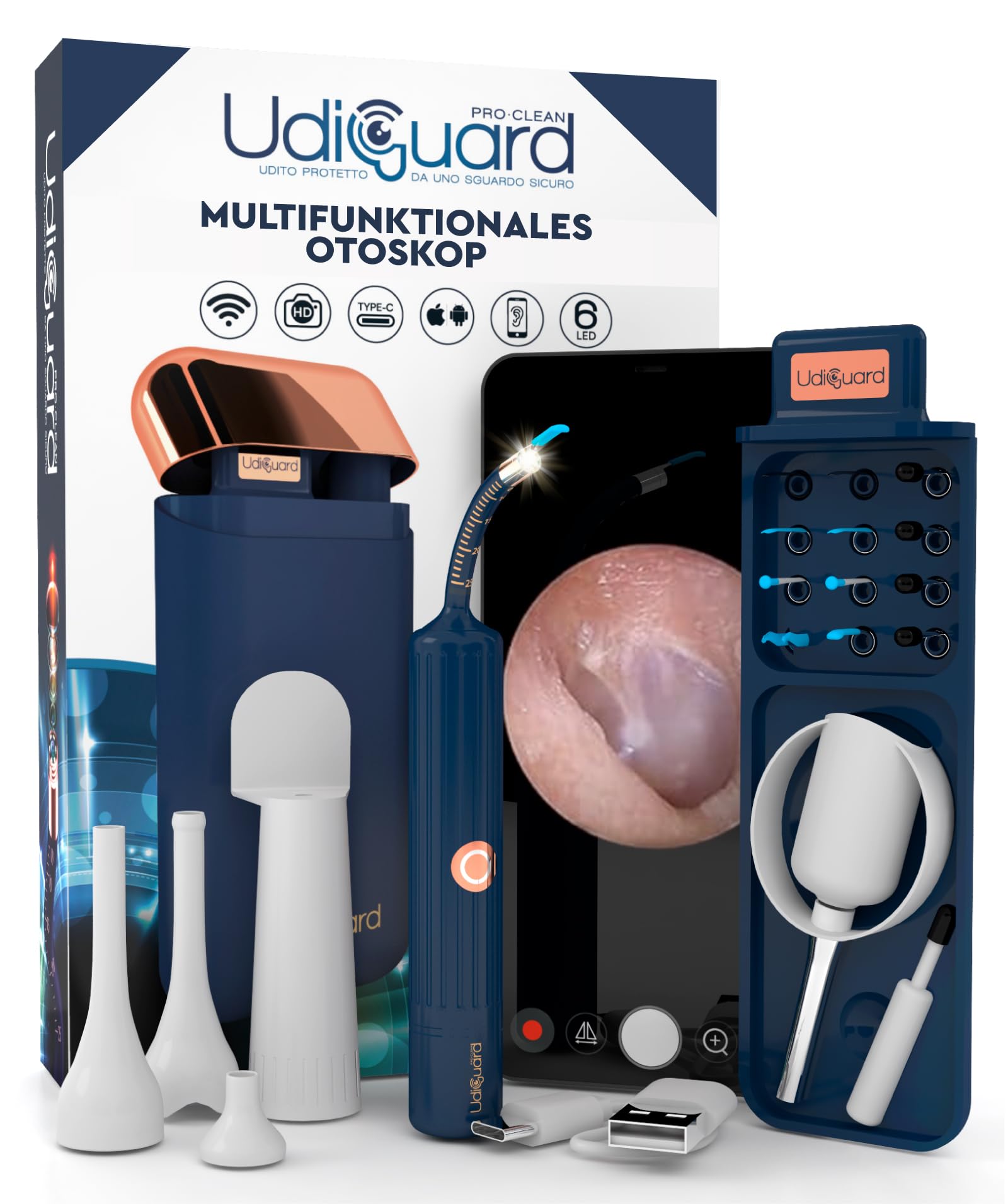 Ohrenschmalz Entferner Otoskop Flexibler Digitaler Ohrreiniger UdiGuard Pro-Clean mit Pinzette und Austauschbaren Spitzen 10MP-HD-Kamera WiFi Ohrenspiegel - Erwachsene und Kinder Hals-Nasen-Ohren-Set