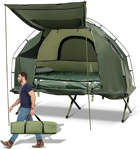 GYMAX Catre plegable 5 en 1 con colchón y almohadas, sacos de dormir, sombrilla, tienda de campaña elevada con bolsa de transporte para senderismo