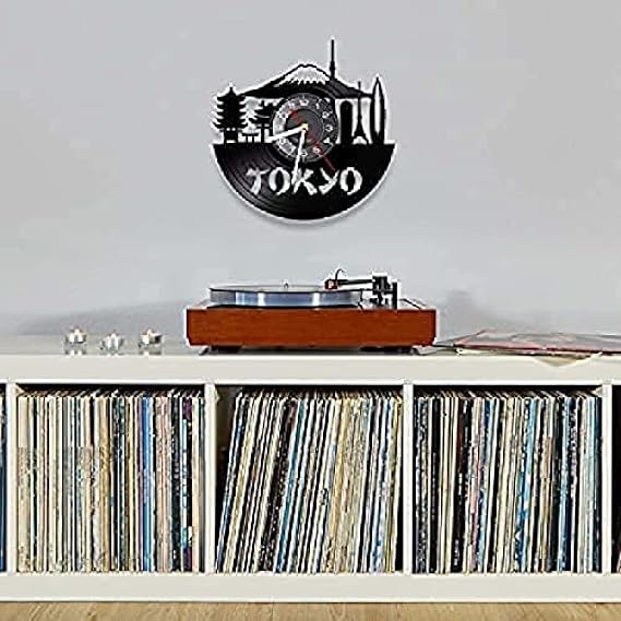 12In Wall Clock Silent Non-Ticking Japan Tokyo Skyline Decorative Wall Clock For Enterprise Office Japanese Cityscape Vinyl Album Record Watches Japan Souvenir
