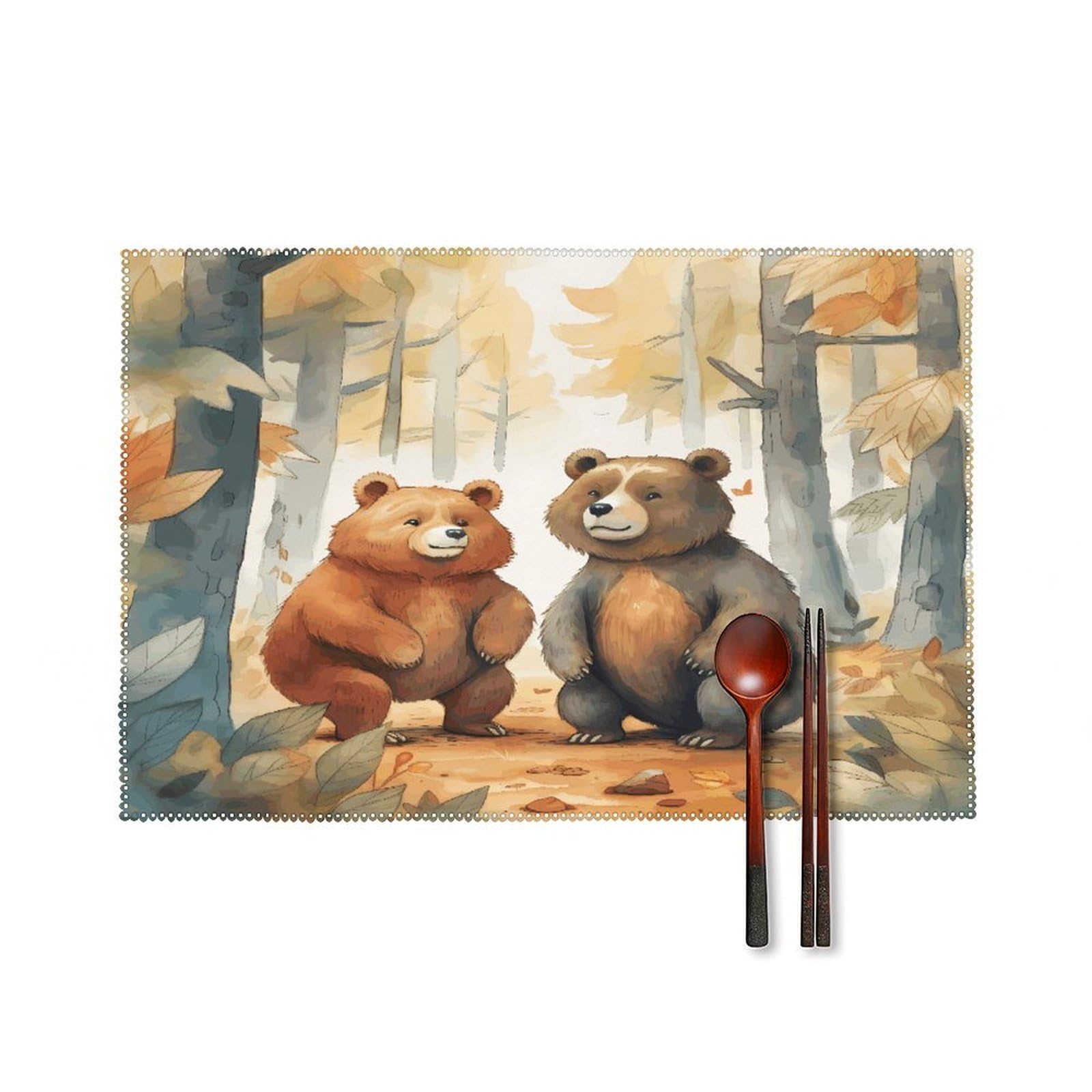 Bear in Woods Placemats Set of 4 Heat Resistant Non-Slip Place Mats for Dining Table Washable Placemat Wipeable Dining Table Mat Canvas Place Mats Dining Table Decor