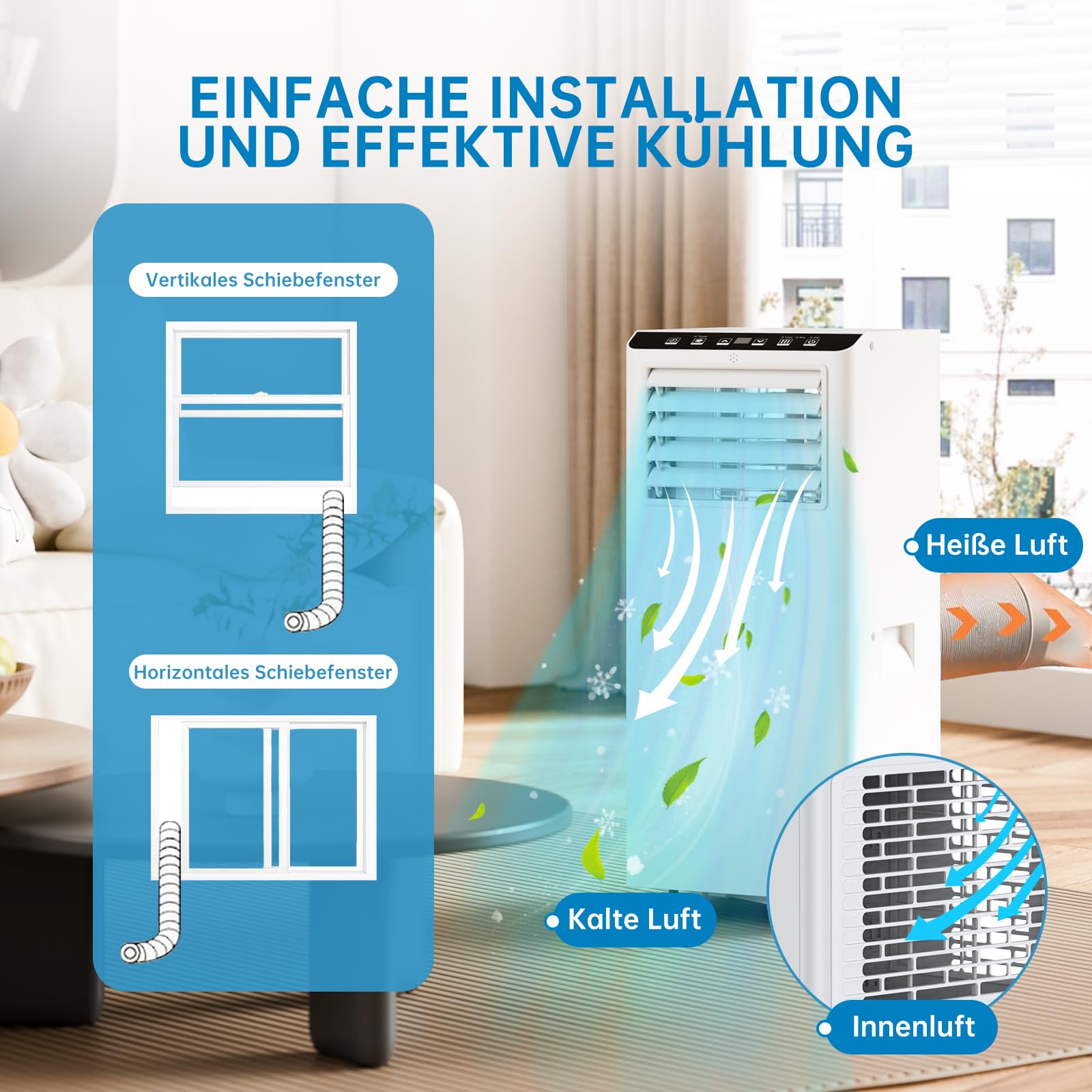 Climatiseur Mobile 7000 BTU (2000W), 3-en-1 Climatisation avec Refroidissement, Déshumidification et Ventilation, pour Pièces jusqu'à 25m², Minuteur 24h, Télécommande & Écran LED