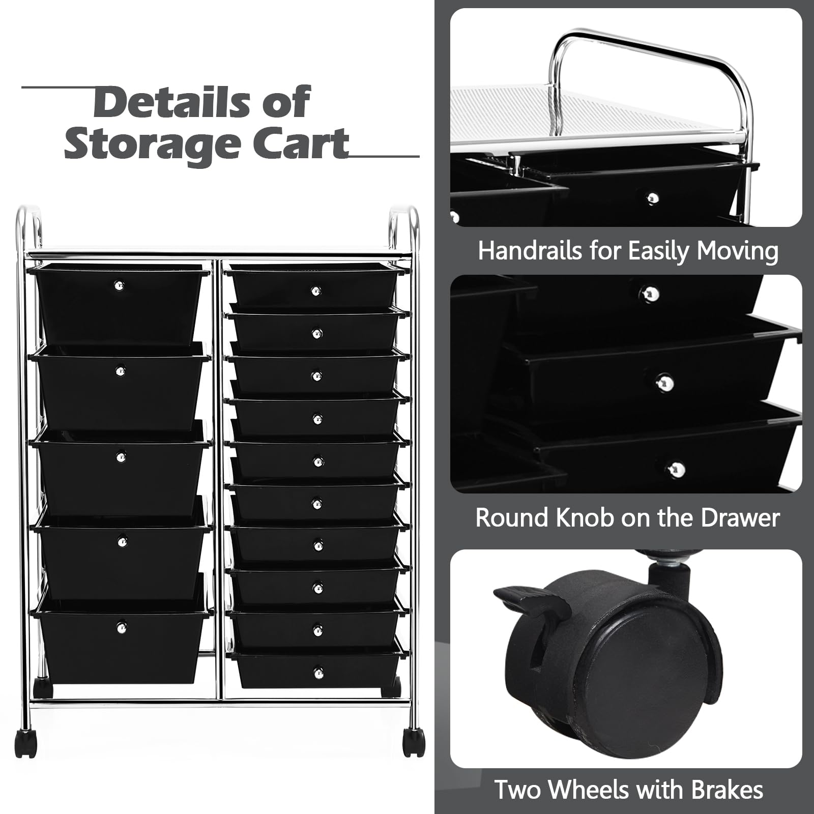 KOMFOTTEU Carrello con 10/15 cassetti impilabile, carrello da bagno con telaio in metallo, carrello multiuso per bagno e cucina (Nero, 5 cassetti)