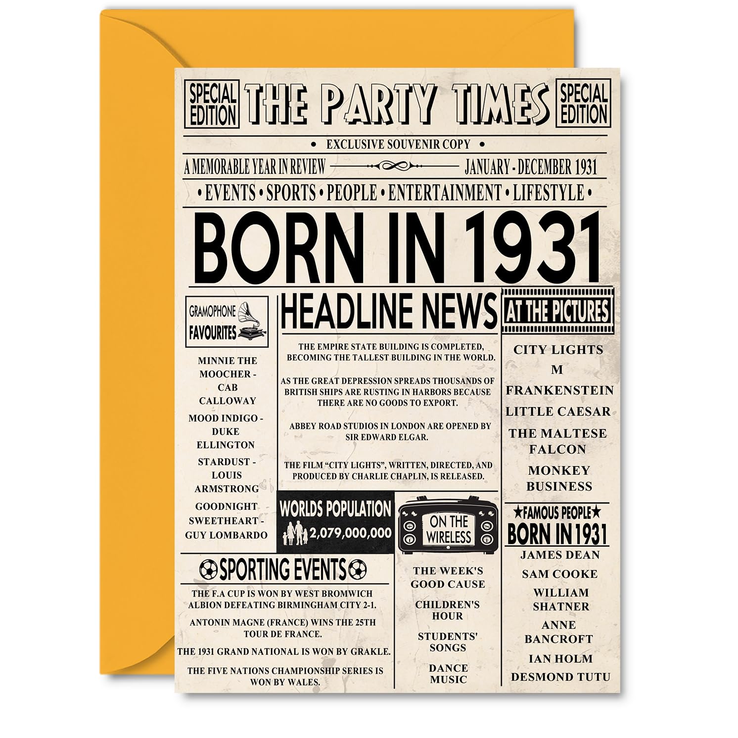 95th Birthday Cards for Women Men - Born In 1931 Newspaper - Happy 95 Birthday Card for Grandma Grandad Nan Vintage Retro Back In 1931, A5 Bday Greeting Cards