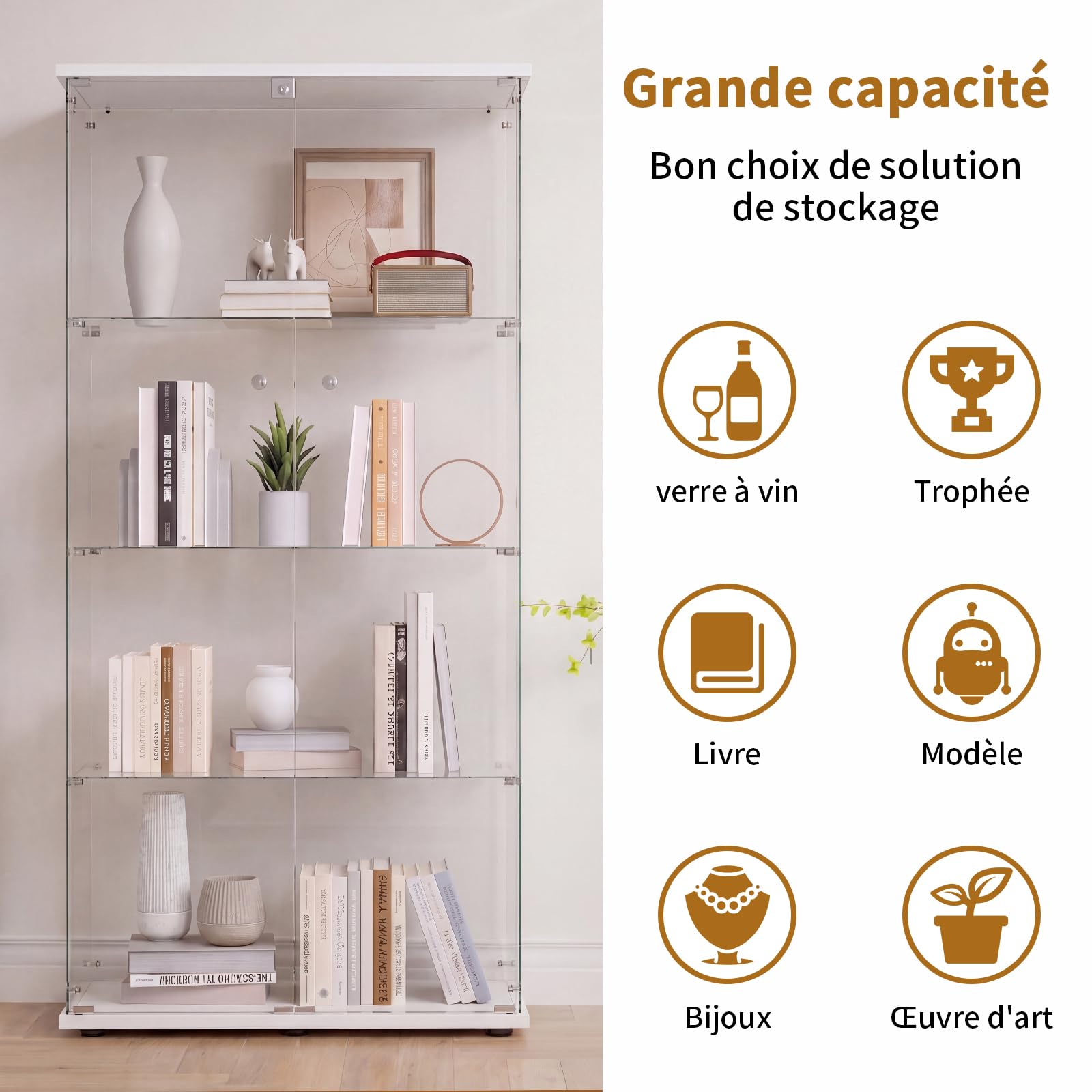 DADEA Vitrina Cristal 4 Estantes y 2 Puerta, Vitrina con Cerradura, 36,5 x 80,5 x 164cm, Columna Expositora Vidrio MuebleVitrina Expositora Armario Vidrio VitrinaExpositora AltaVitrina Suelo, Blanco