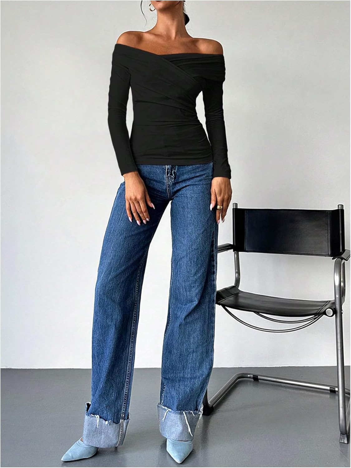 Verdusa Women's Off The Shoulder Wrap Tops Ruched Long Sleeve Slim Fit T Shirts - Image 6