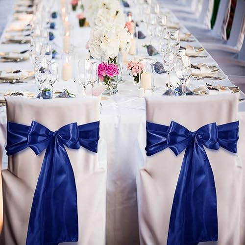 Vista 4 de XunYee Paquete de 80 bandas de satén para sillas de boda, decoración de silla, fundas de lazo, bandas para compromisos, graduaciones, eventos, Azul