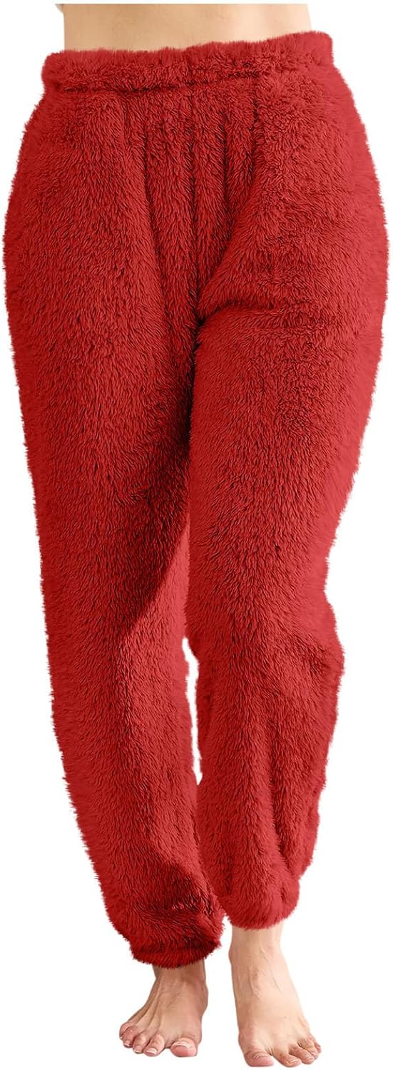 Women's Fuzzy Lounge Pants High Elastic Waist Comfy Warm Soft Pajama Pant Fall Winter Loose Fit Solid Color Bottoms