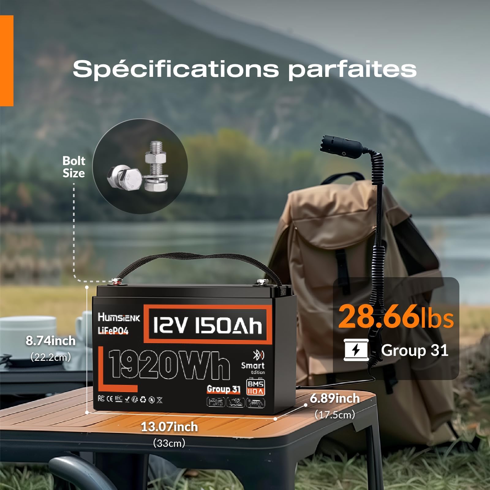 HumsiENK Batterie Lithium LiFePO4 12V 150Ah Con Bluetooth, 1920Wh avec BMS Intelligent 110A, 15000 Cycles Profonds, 10 Ans de Durée de Vie, pour Camping-Car, Énergie Solaire, Hors Réseau, Moteur