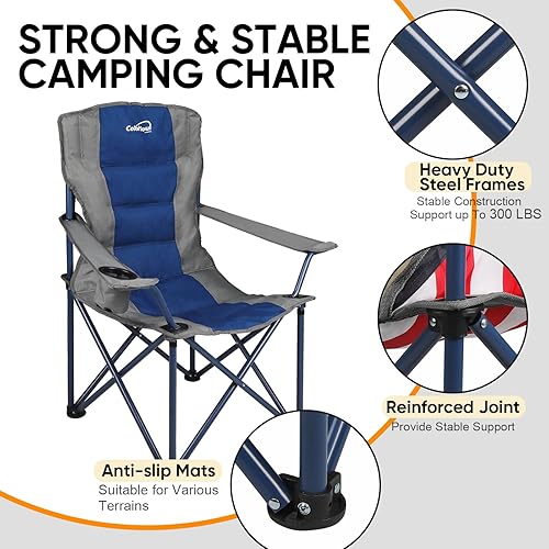 Miniatura 5 de Colorsoul Juego de 2 sillas plegables para campamento, sillas de césped al aire libre, sillas de camping acolchadas con soporte para tazas y bolsa