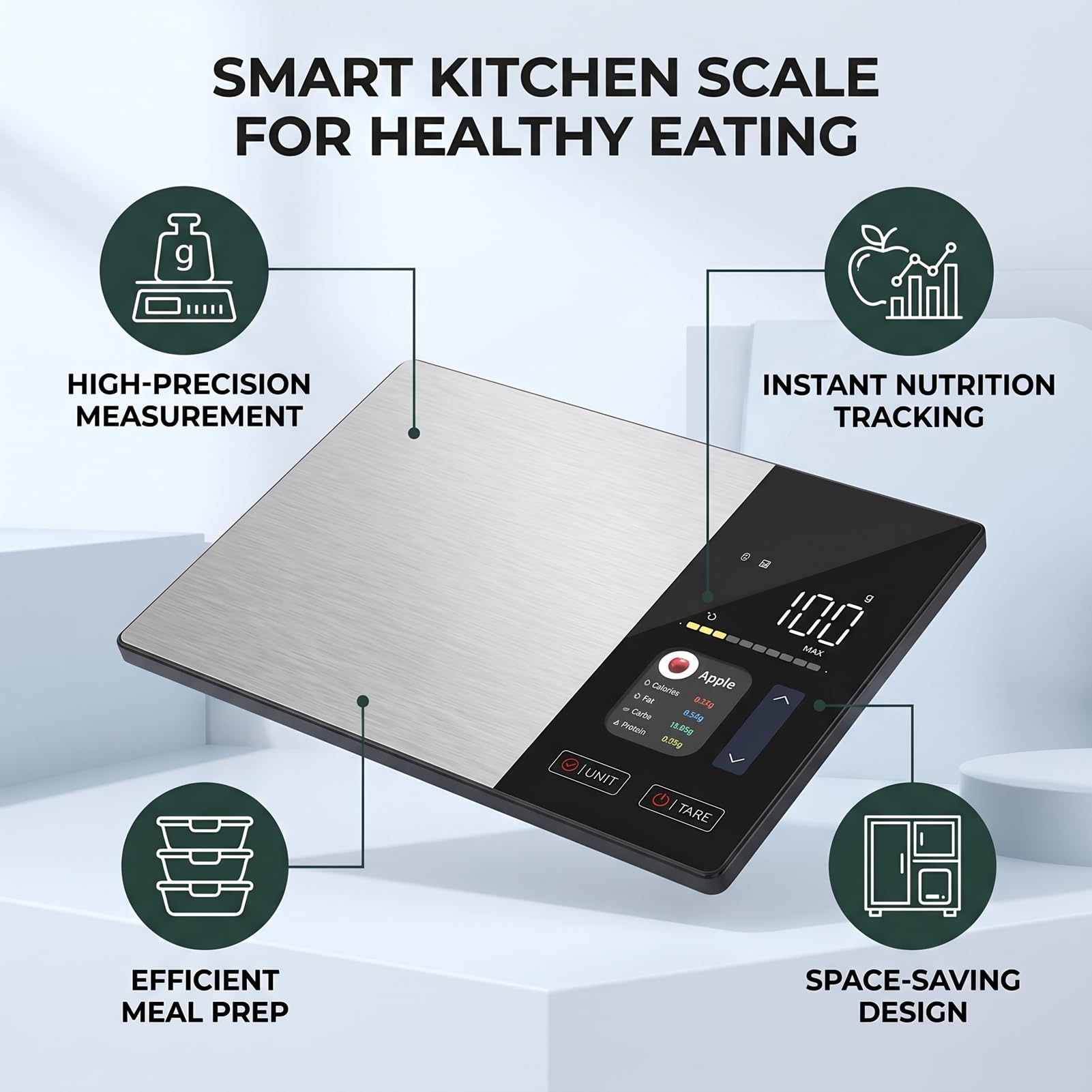 Báscula de Cocina Digital de Acero Inoxidable, Pantalla LCD